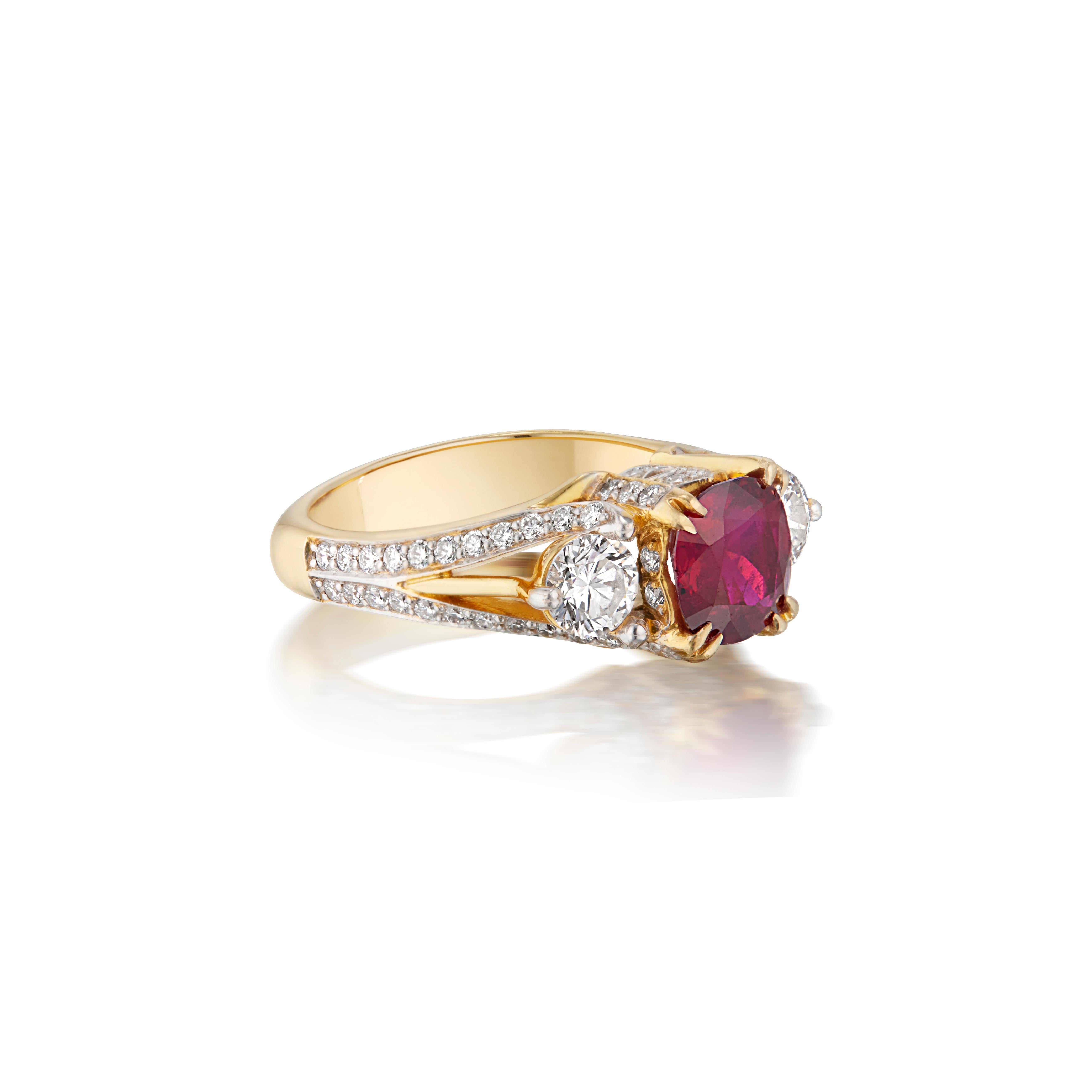 Cushion Cut Gubelin Certified 1.74 Carat No-Heat Burmese Pigeon Blood Ruby and Diamond Ring For Sale