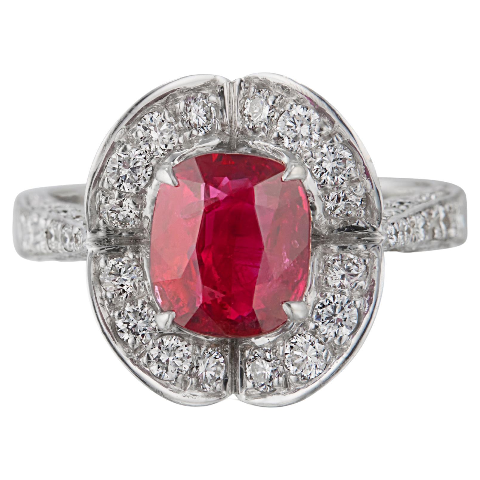Gubelin Certified 1.97 Carat No Heat Burma Ruby and Diamond Ring For Sale