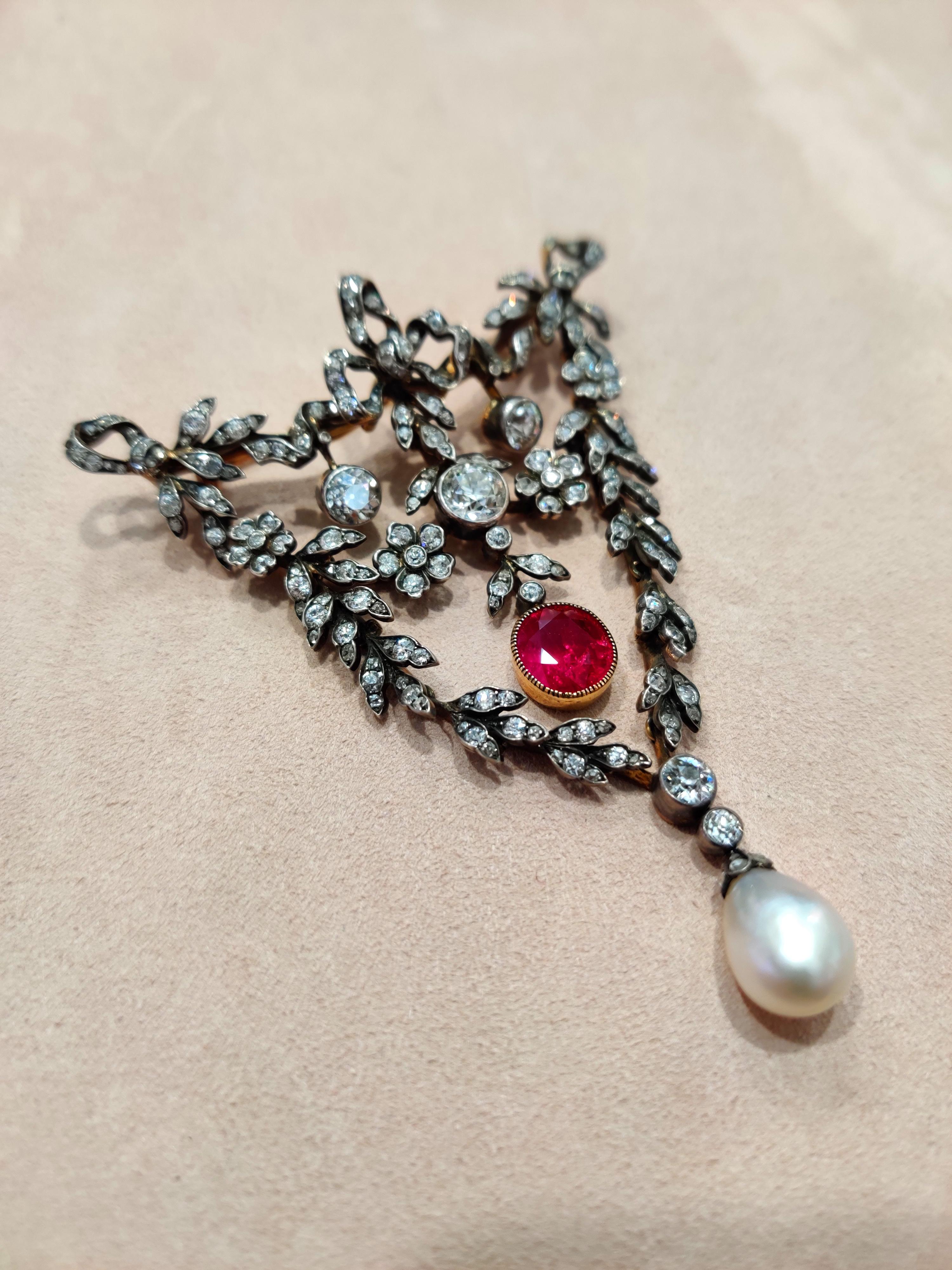 Gubelin Certified 19th Century Burma Ruby Diamond and Pearl Brooch In Good Condition For Sale In London, GB