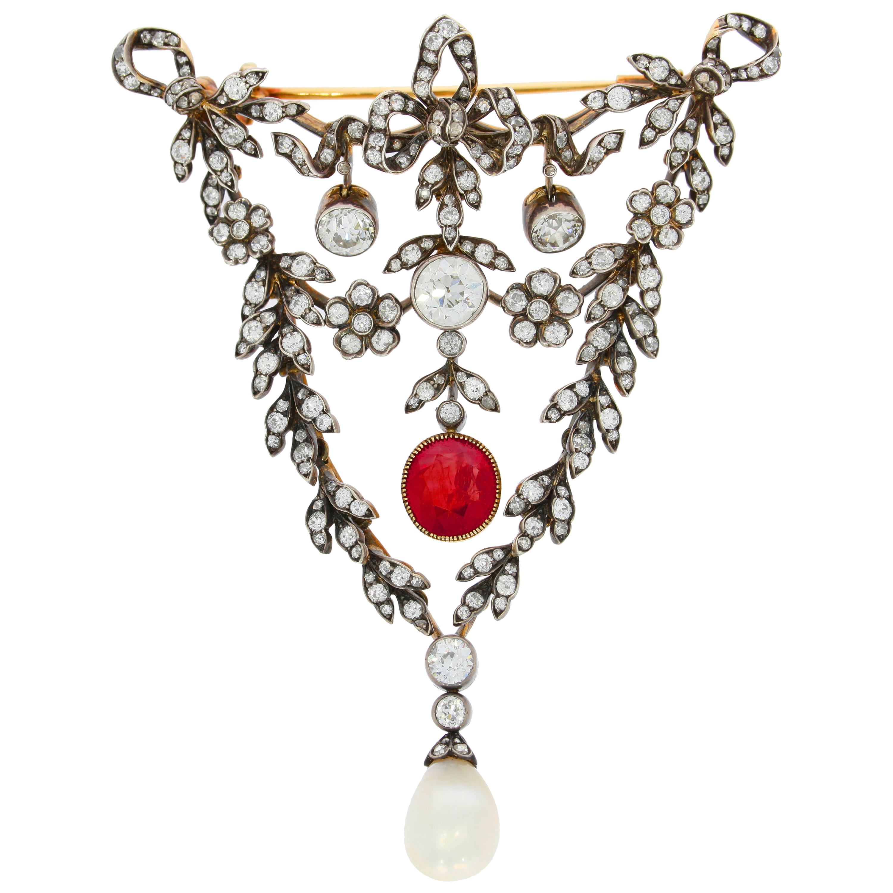Gubelin Certified 19th Century Burma Ruby Diamond and Pearl Brooch For Sale