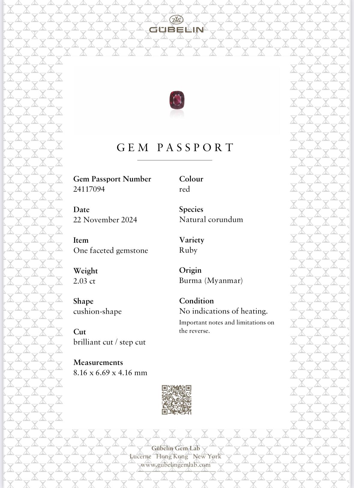 Gubelin Certified 2.03 Carat Burma No Heat Ruby Diamond Platinum Ring 4