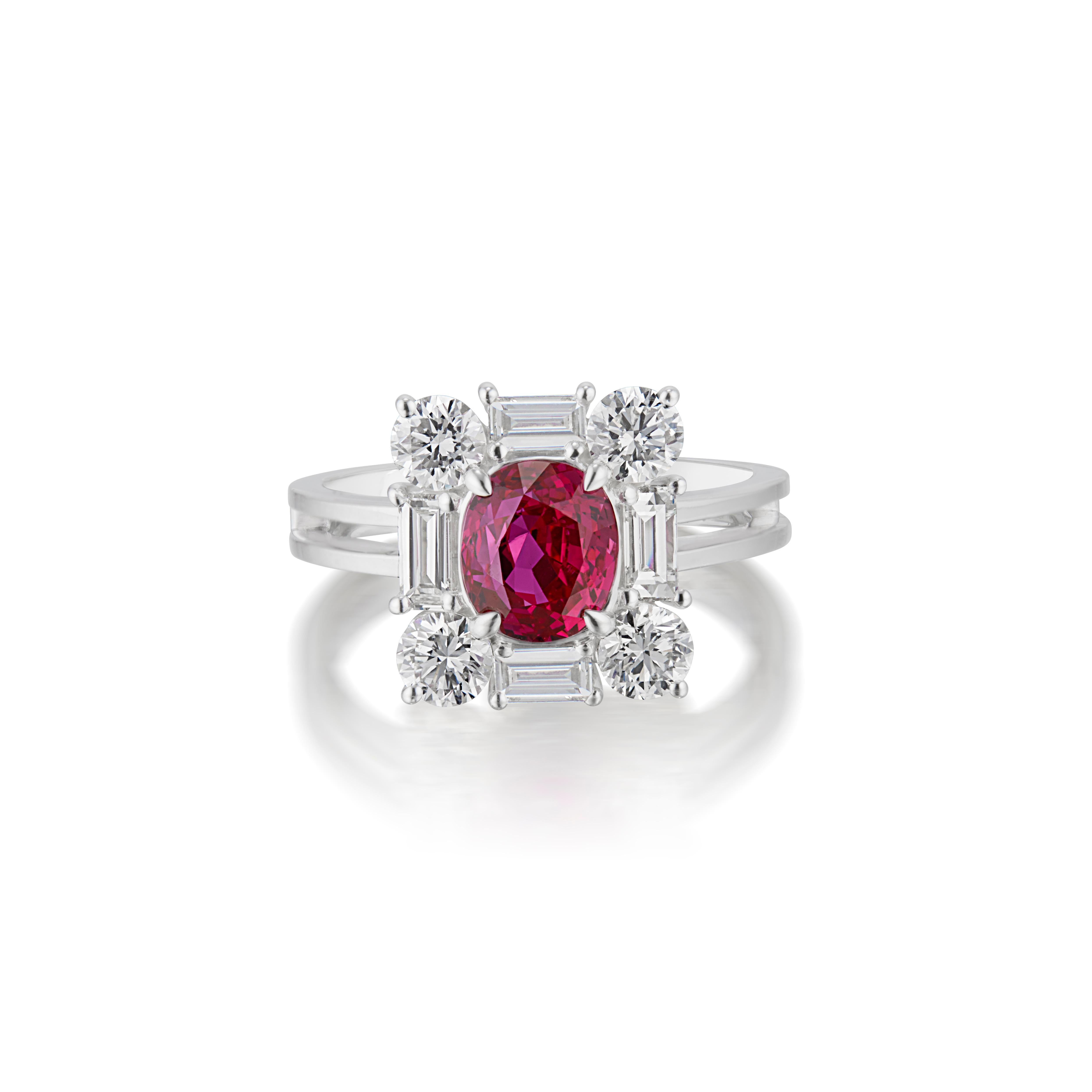 Platinum 
8 Diamonds, 0.61 Carats
1 No-Heat Burmese Ruby, 2.13 Carats
Gubelin Lab Certificated, Pink-Red Color 

This ruby ring captures the glamour of a bygone era. This extraordinary piece showcases a rare 2.13 carat Burmese ruby with vibrant pink