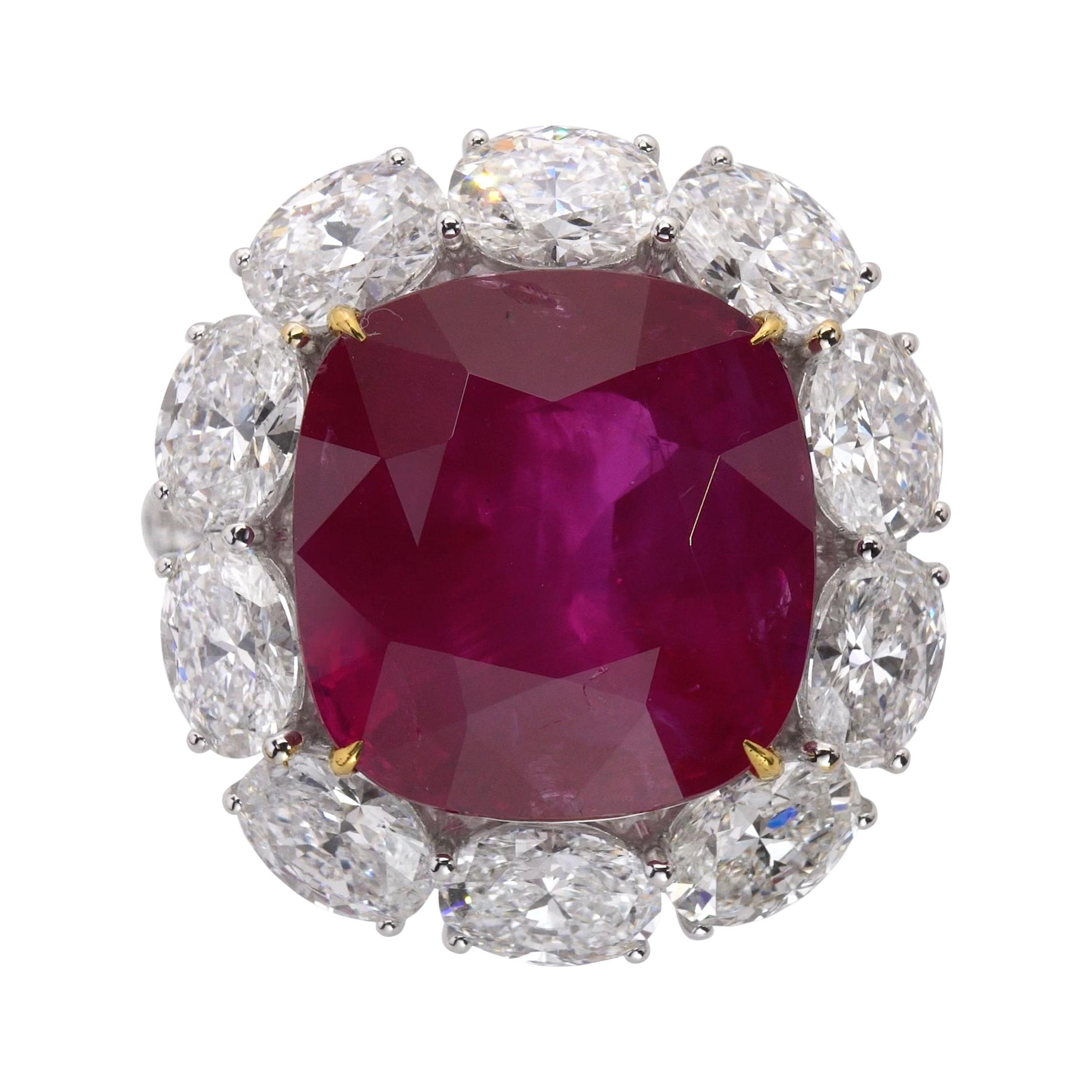 Gubelin Certified 21.39 Carat No Heat Burmese Ruby Ring in 18K White Gold For Sale