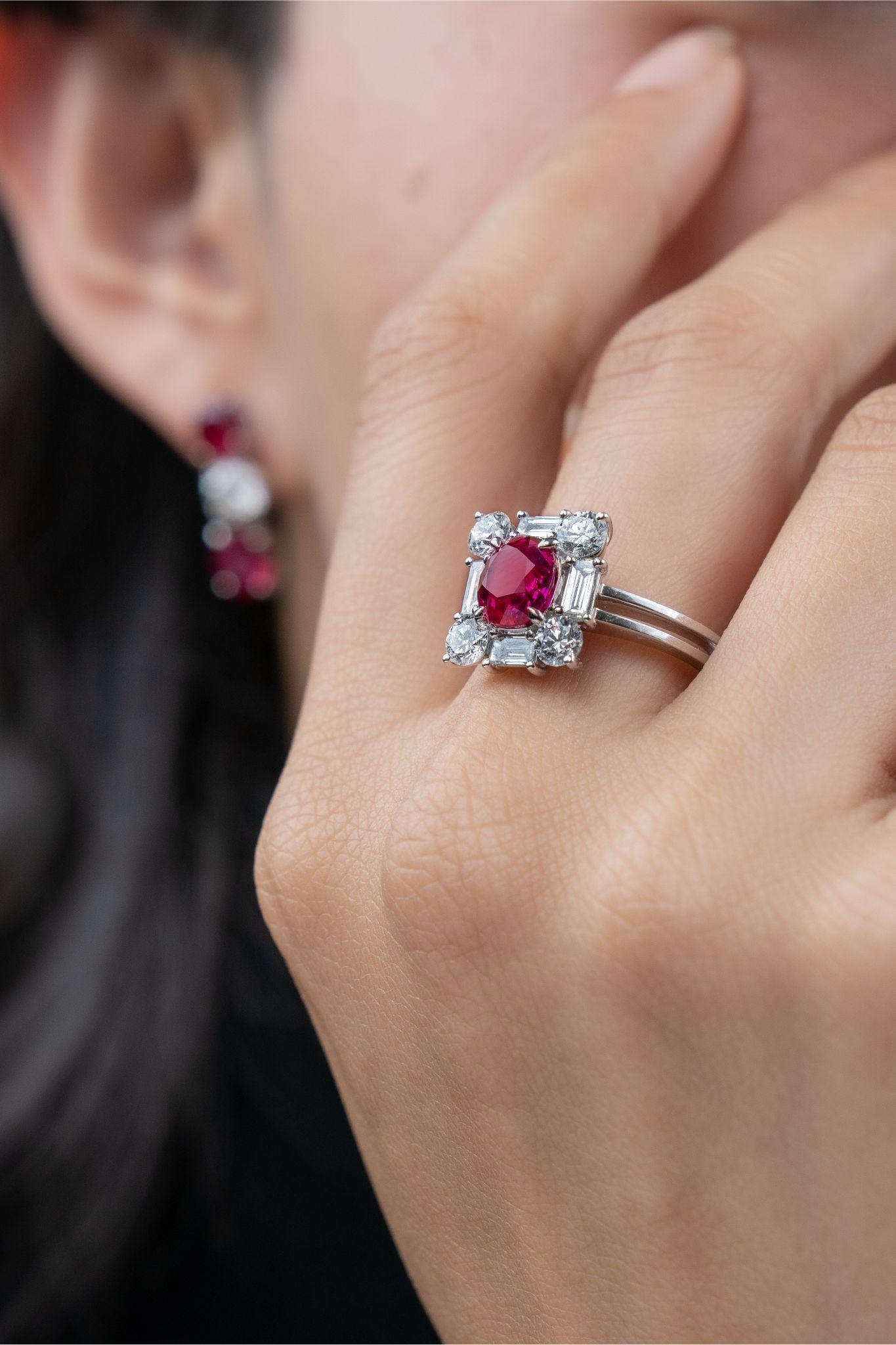 Cushion Cut Gubelin Certified 2.13 Carat Burmese Ruby and Diamond Cocktail Ring For Sale