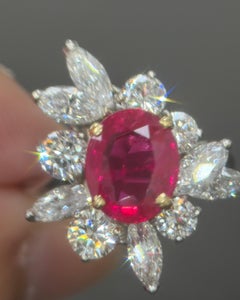 Gubelin Certified 2.22 Carat Burma Mogok No Heat Ruby White Diamond Gold Ring