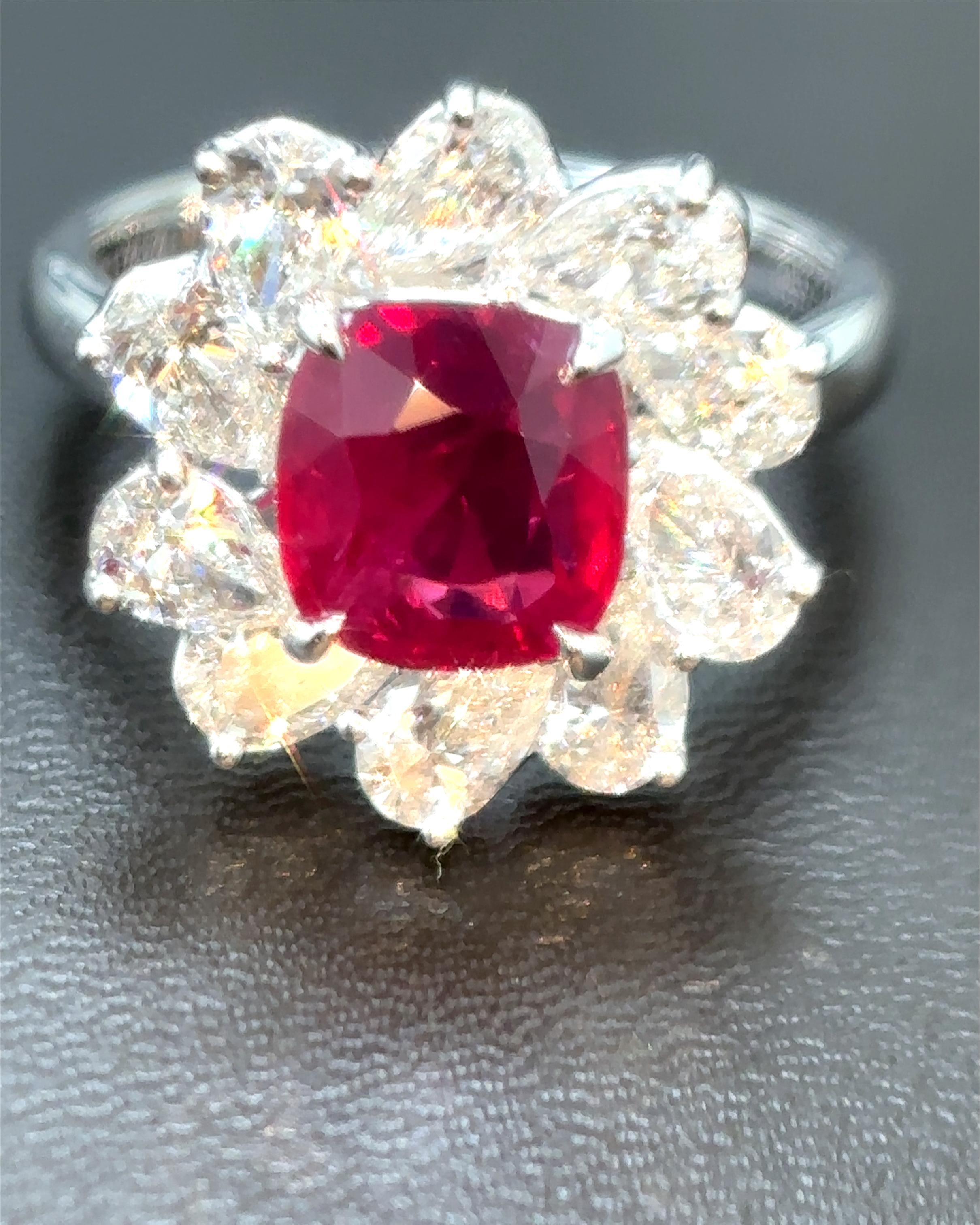 Cushion Cut Gubelin Certified 2.45 Carat Burma No Heat Ruby White Diamond Platinum Ring