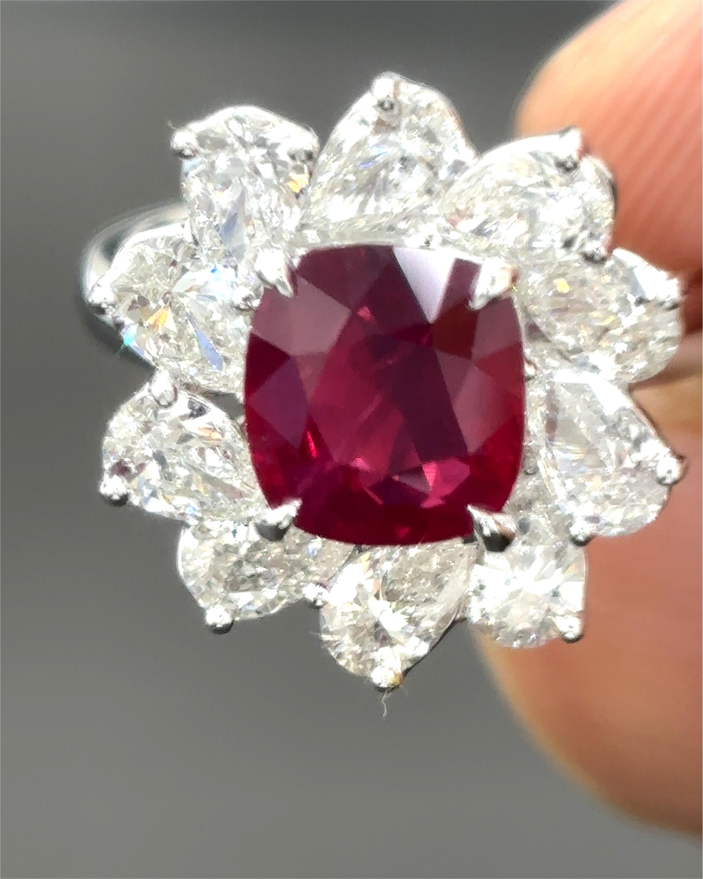 Gubelin Certified 2.45 Carat Burma No Heat Ruby White Diamond Platinum Ring 2