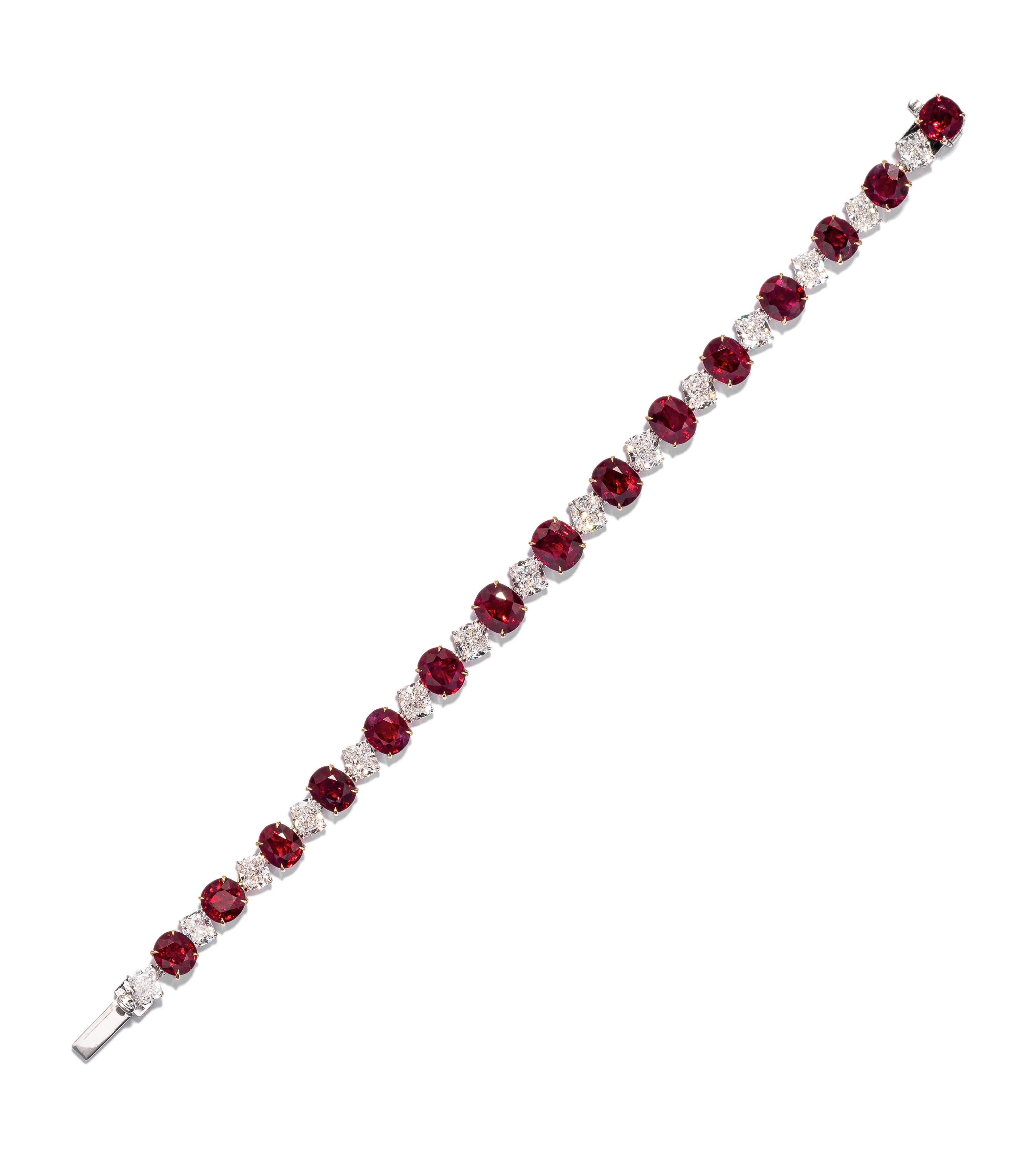 This piece is available for custom order only. 

This exquisite bracelet is a true collector's item and masterpiece given the rarity of Burmese Pigeon's Blood Rubies. The bracelet features 18.88cts of crimson Burmese Pigeon's Blood Rubies (all no