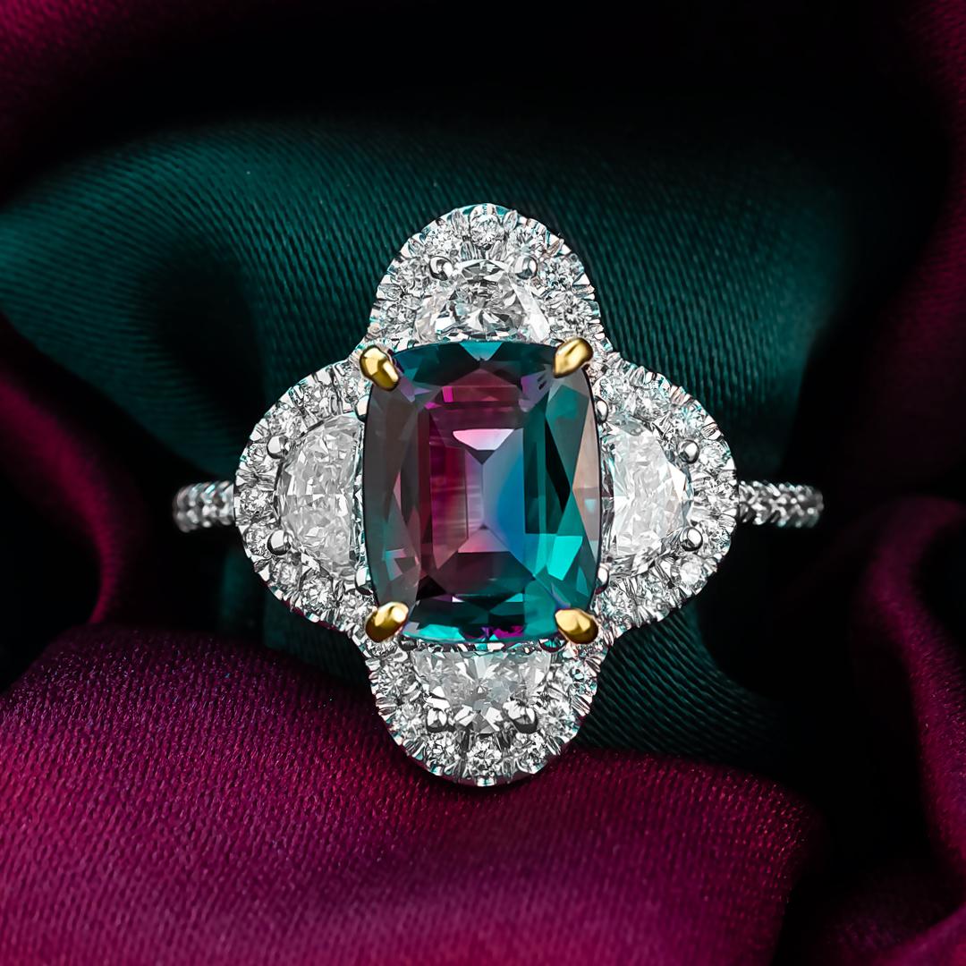 Cushion Cut Gubelin Certified 2.99 Carat Natural Brazilian Alexandrite Ring from Mark Henry For Sale