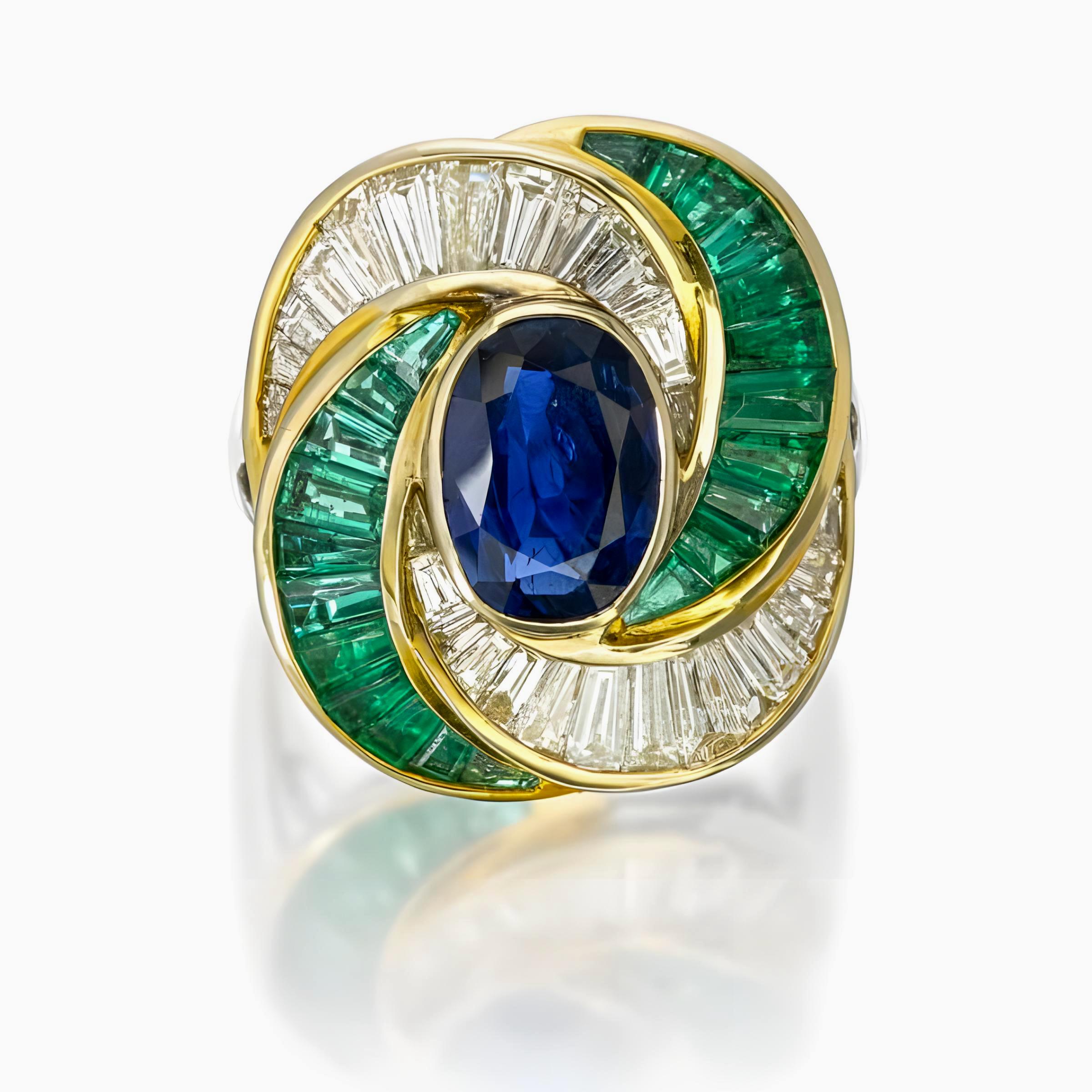 This unique ring features a 3.01-carat Gubelin-certified Burma no heat oval cut blue sapphire at its center (certificate number GUBELIN-15060046). The sapphire is surrounded by 2.42 carats of re-cut diamonds that add sparkle and 1.81 carats of