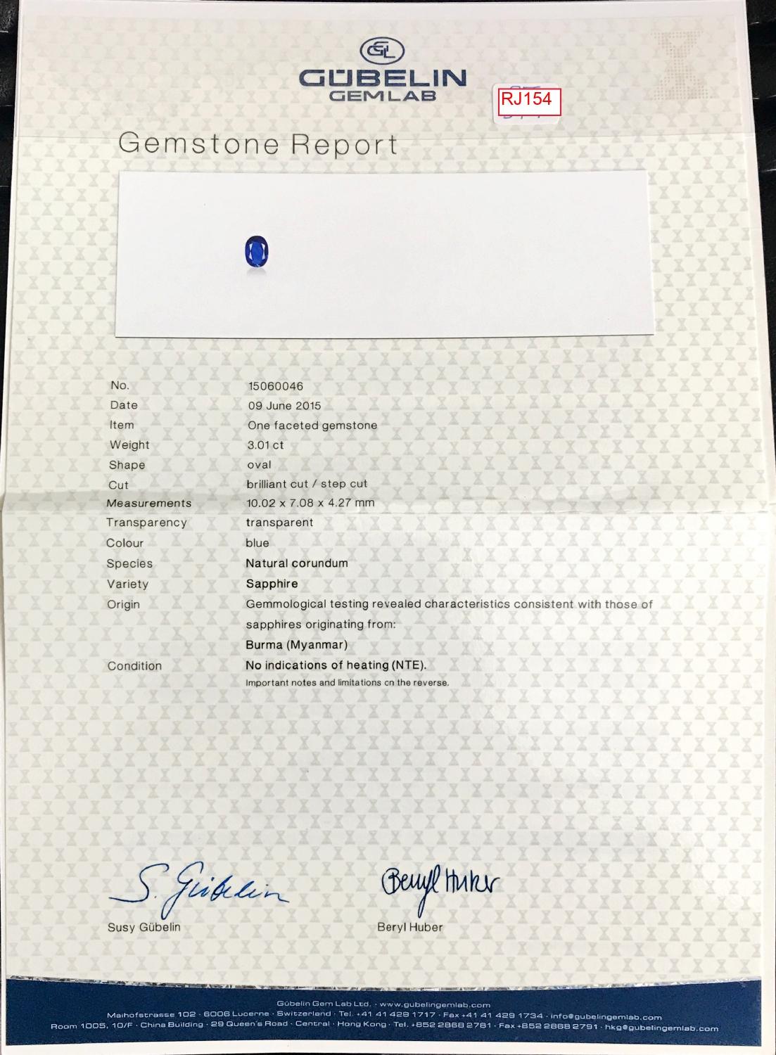 Gubelin Certified 3.01 Cts. Burma No Heat Oval Cut Blue Sapphire Ring in 18K W/G For Sale 1