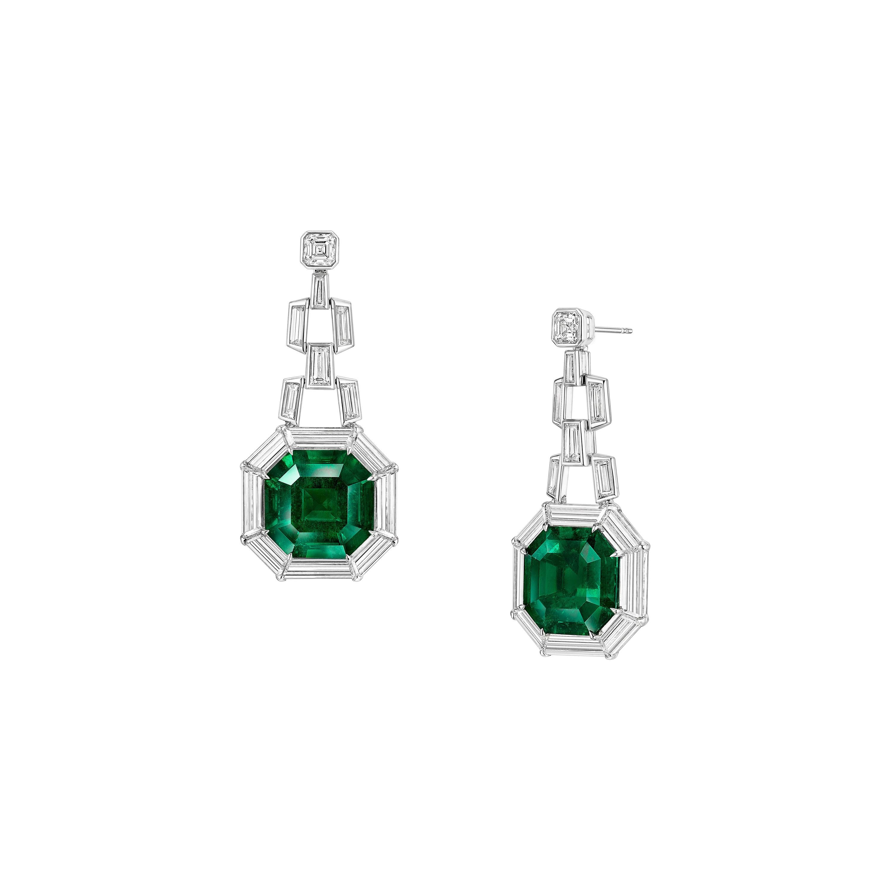 Gubelin Certified 35.61 Carat Colombian Emerald Art Deco Style Earrings 18k Gold For Sale
