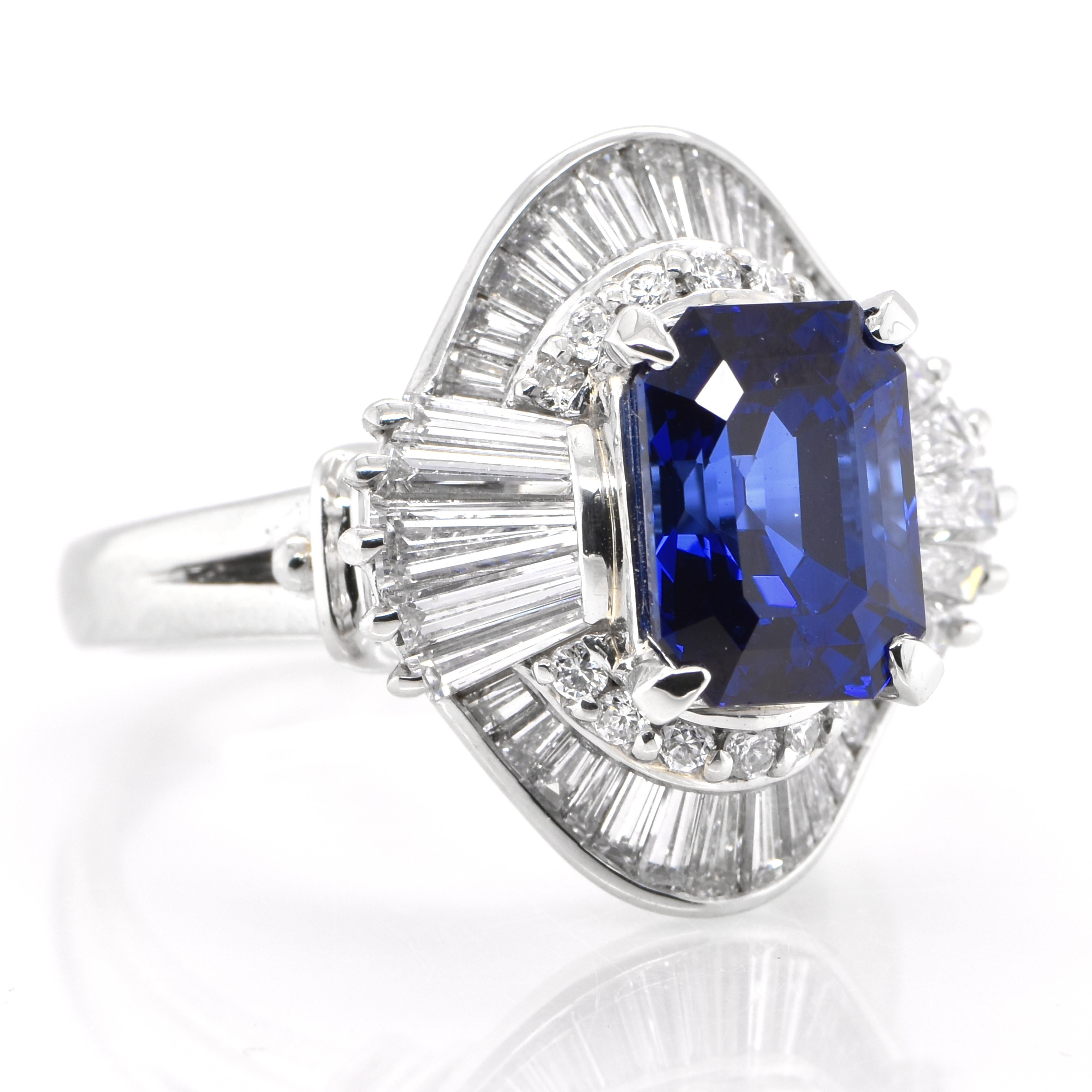 A beautiful ring featuring a Gubelin Certified 3.67 Carat Natural Ceylon Sapphire and 1.32 Carats Diamond Accents set in Platinum. Sapphires have extraordinary durability - they excel in hardness as well as toughness and durability making them very