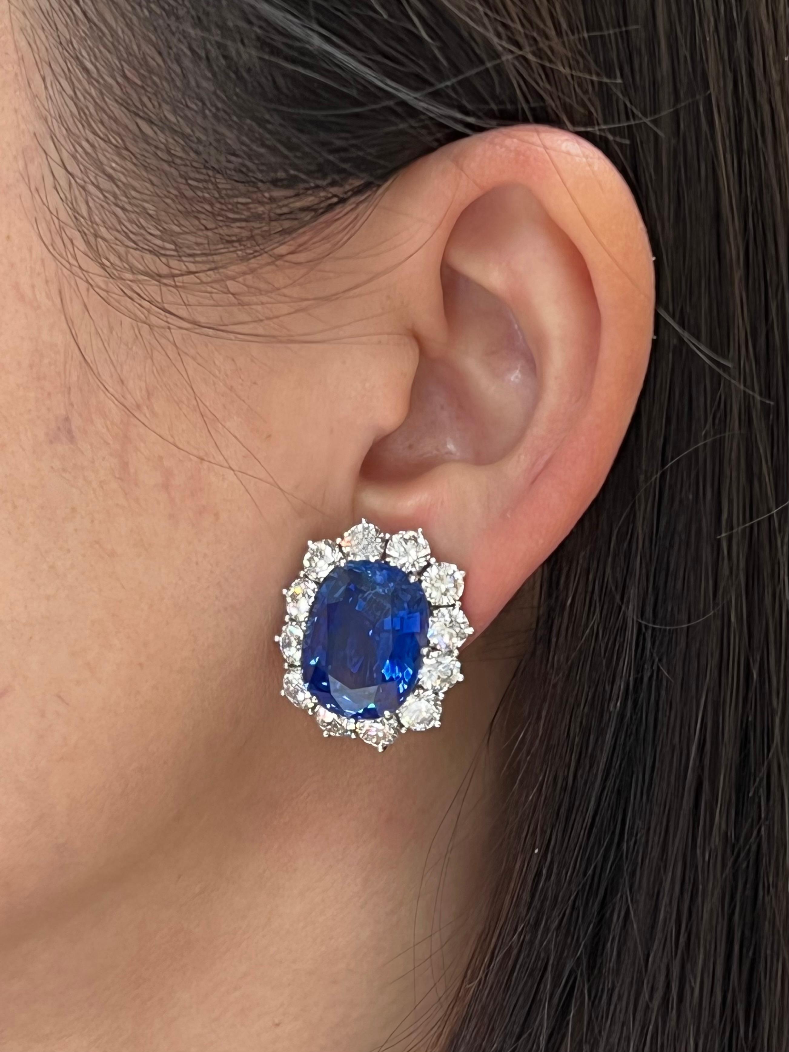 Please check out the HD video. These are important and substantial earrings! The Size, color and clarity of these sapphires are exceptional. A matching pair of this size and quality is almost impossible to find. Each sapphire is over 18 carats,