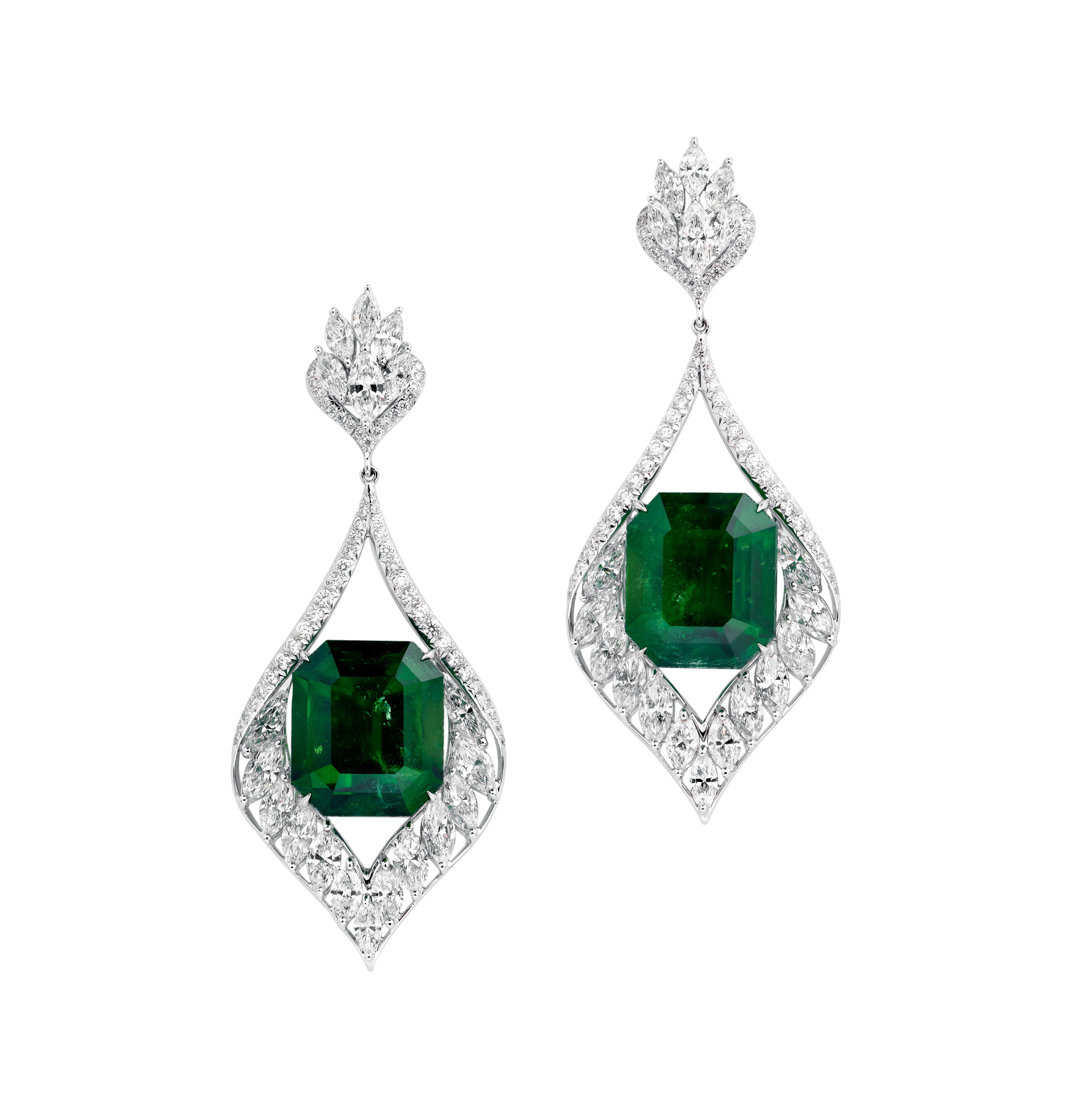 Octagon Cut Gubelin Certified 42.62 Carat Colombian Emerald Diamond Earrings in 18K Gold For Sale