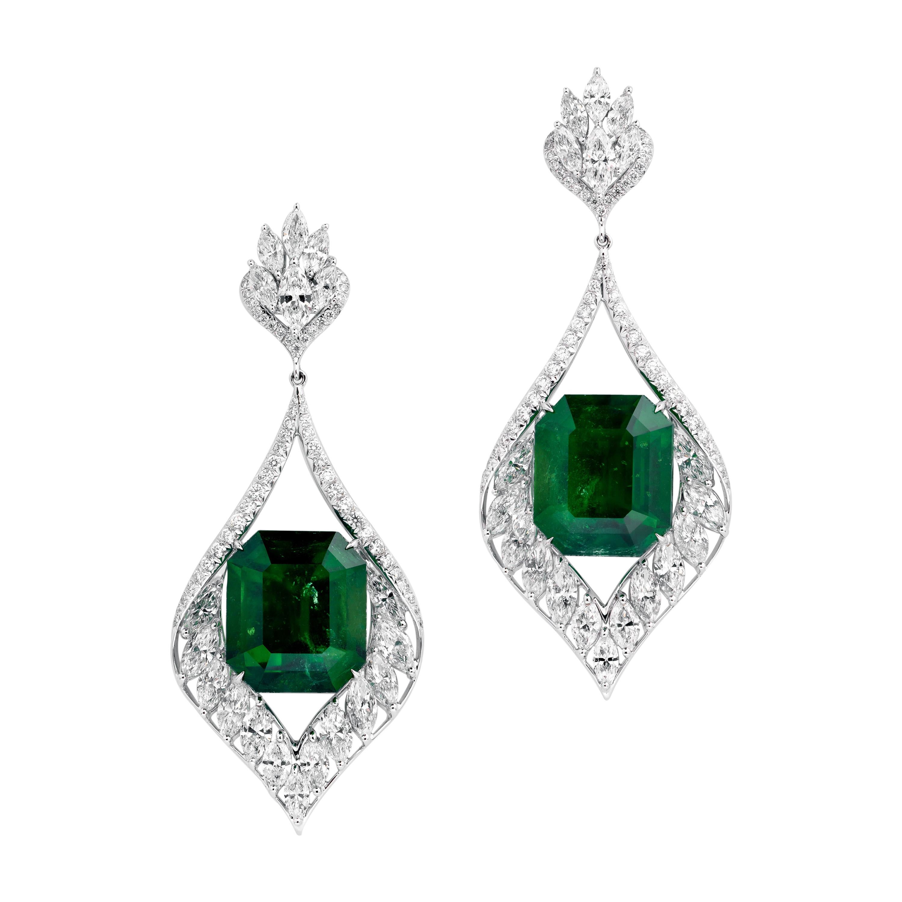 Gubelin Certified 42.62 Carat Colombian Emerald Diamond Earrings in 18K Gold For Sale
