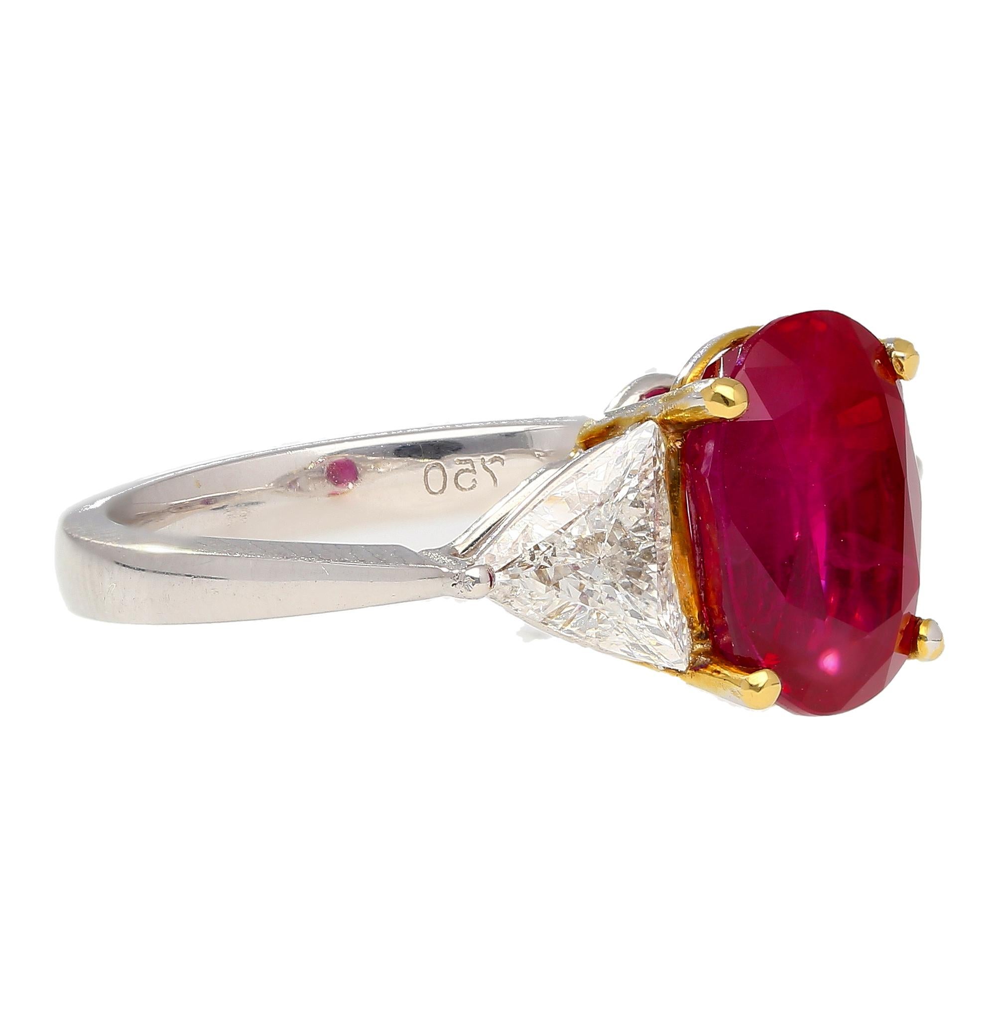 Oval Cut Gubelin Certified 4.47 Carat Ruby & Trillion Cut Diamond Sides in 18K White Gold For Sale