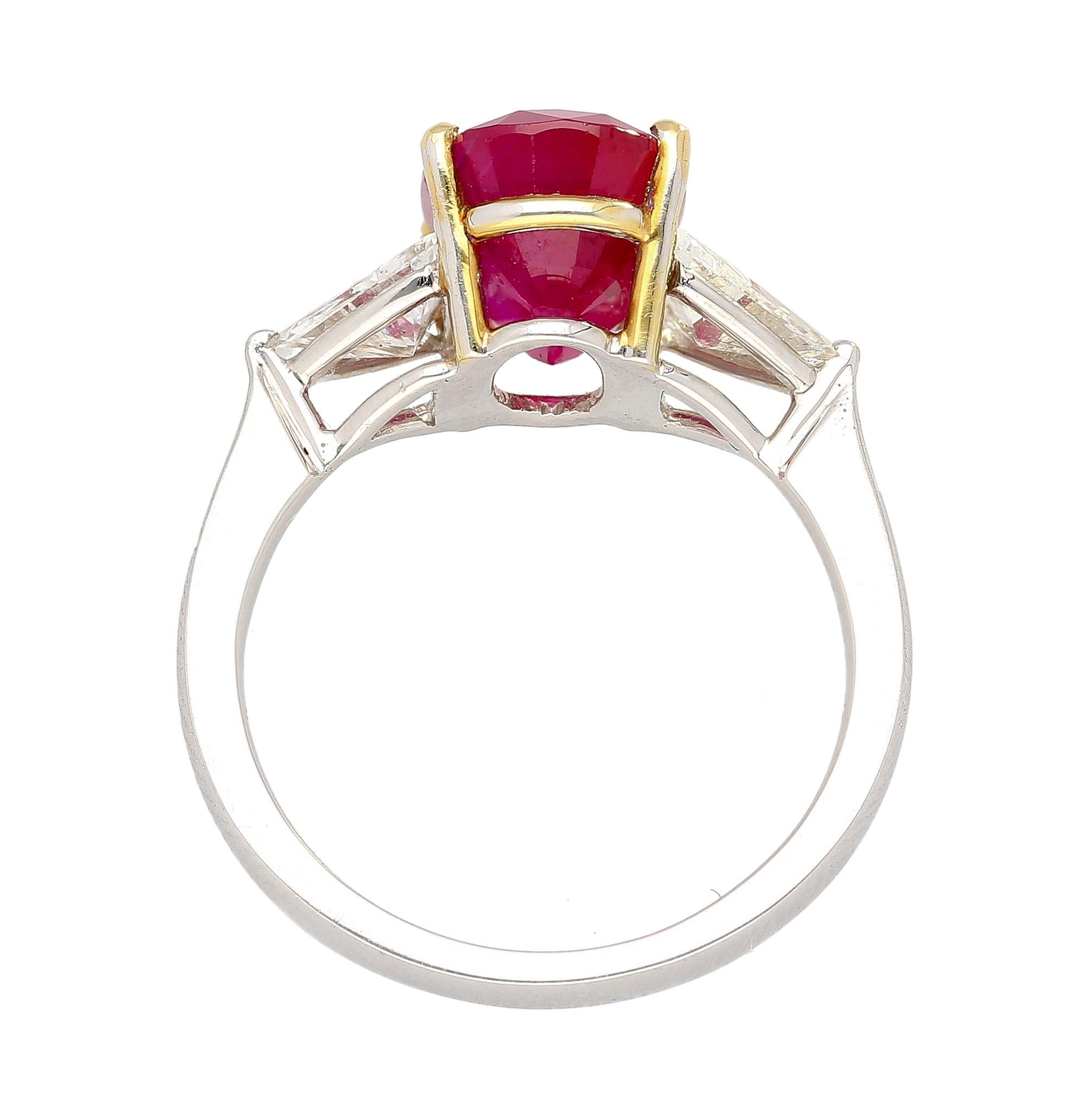 Women's Gubelin Certified 4.47 Carat Ruby & Trillion Cut Diamond Sides in 18K White Gold For Sale