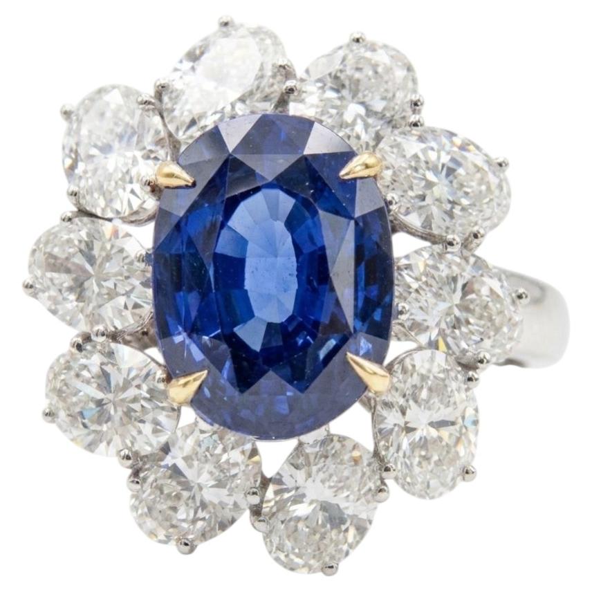 Gübelin Certified 4.68 Carat No Heat Ceylon Blue Sapphire Diamond Halo Ring