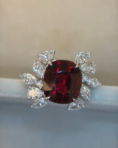 Gubelin Certified 4.98 Carat Burma No Heat Red Spinel Diamond Platinum Ring