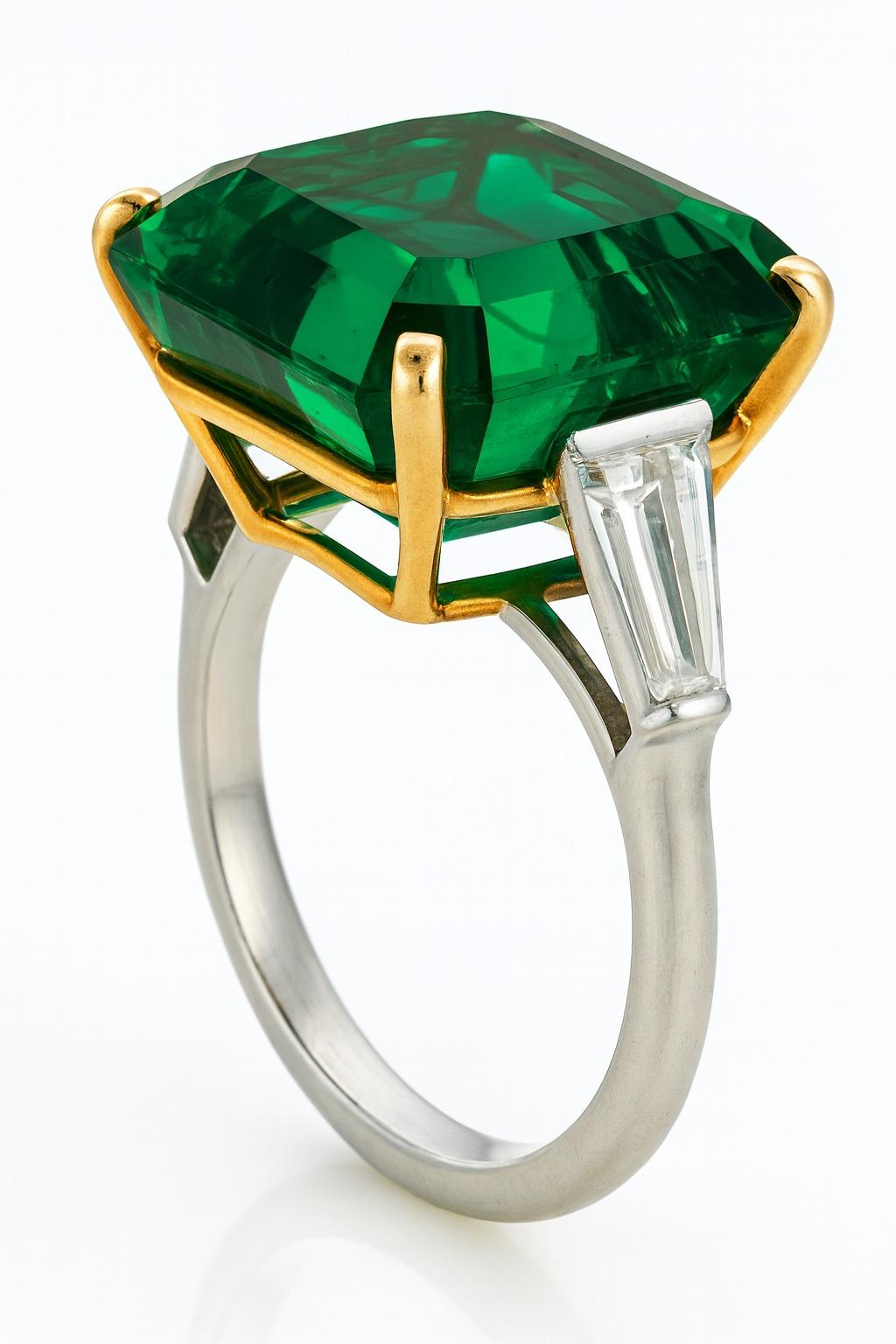 Gübelin Certified 5.00 Carat No Oil Colombian Emerald & Diamond Ring in 18K Yellow Gold and Platinum

This exceptional ring showcases one of the rarest treasures in the world of fine gemstones — a Gübelin-certified Colombian emerald with no oil