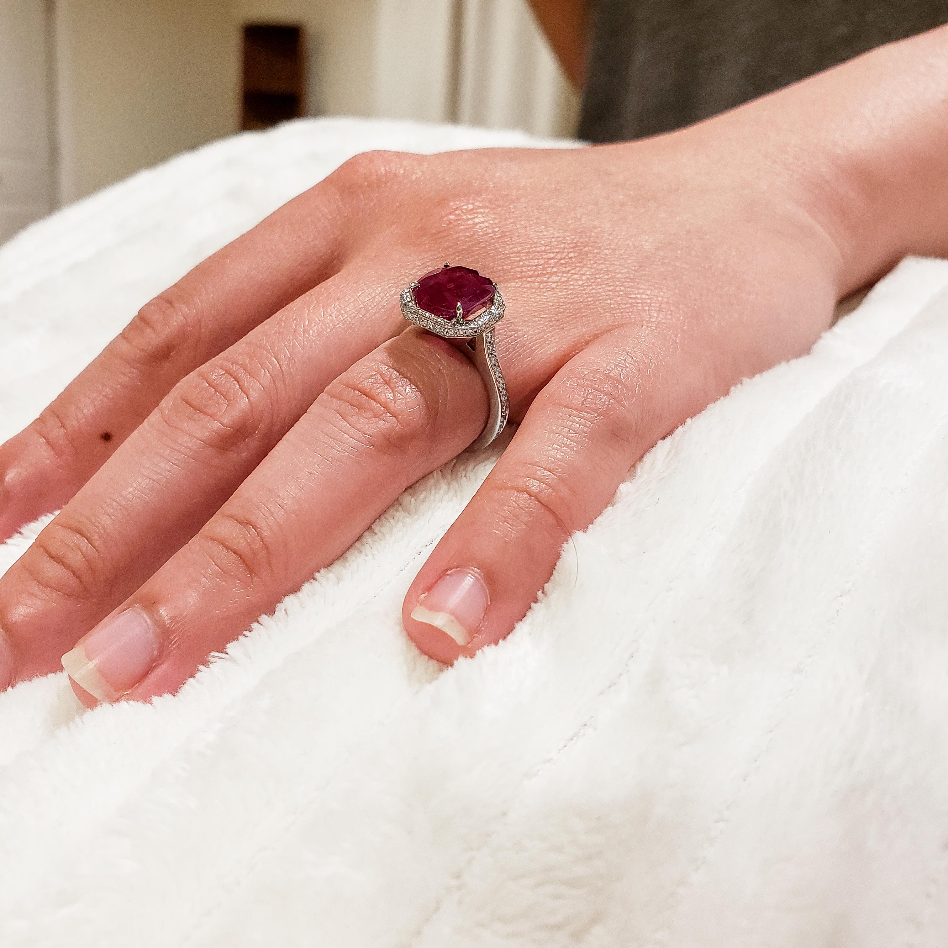 Women's Gubelin Certified 5.63 Carat Ruby and Diamond Halo Engagement Ring For Sale