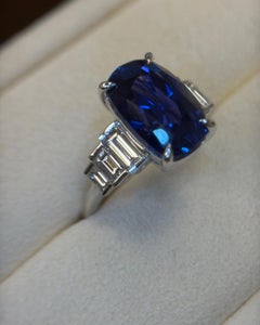 Gubelin Certified 6.45 Carat Ceylon No Heat Blue Sapphire Diamond Platinum Ring