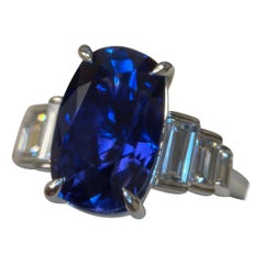 Gubelin Certified 6.45 Carat Ceylon No Heat Blue Sapphire Diamond Platinum Ring