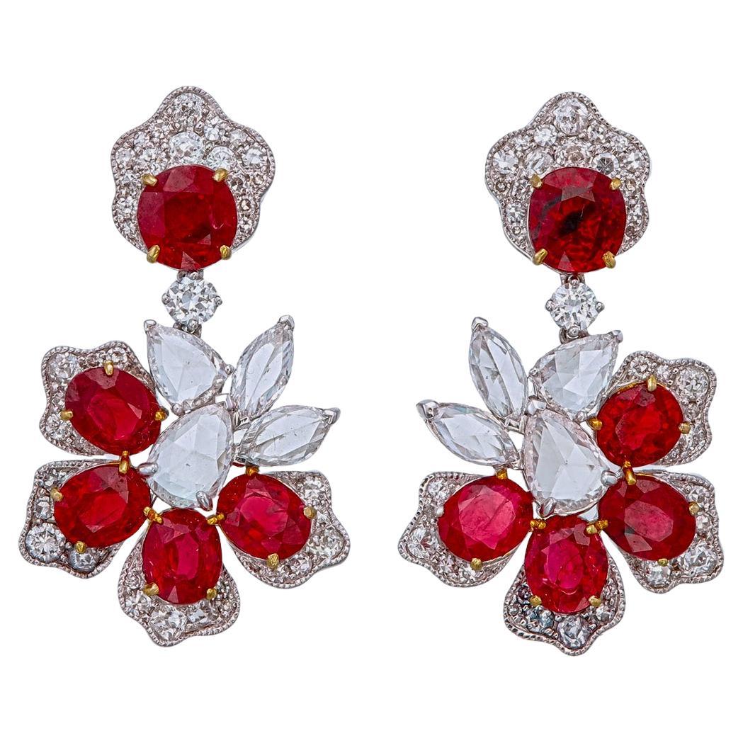 Gubelin Certified 6.51 Carat Burma Pigeon Blood No Heat Ruby Diamond Earrings For Sale