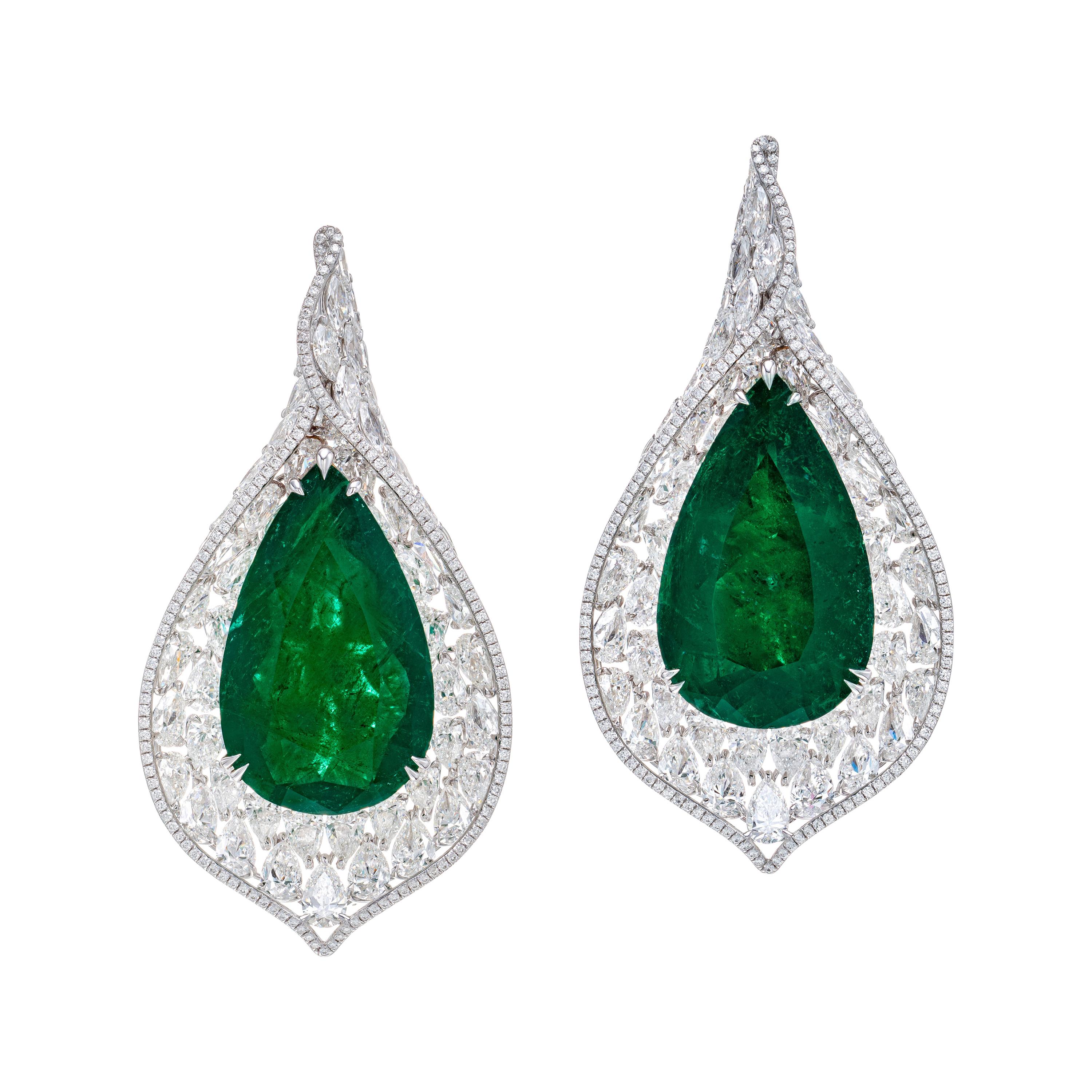 Gubelin Certified 65.97 Carat Colombian Emerald Diamond Earrings in 18K Gold