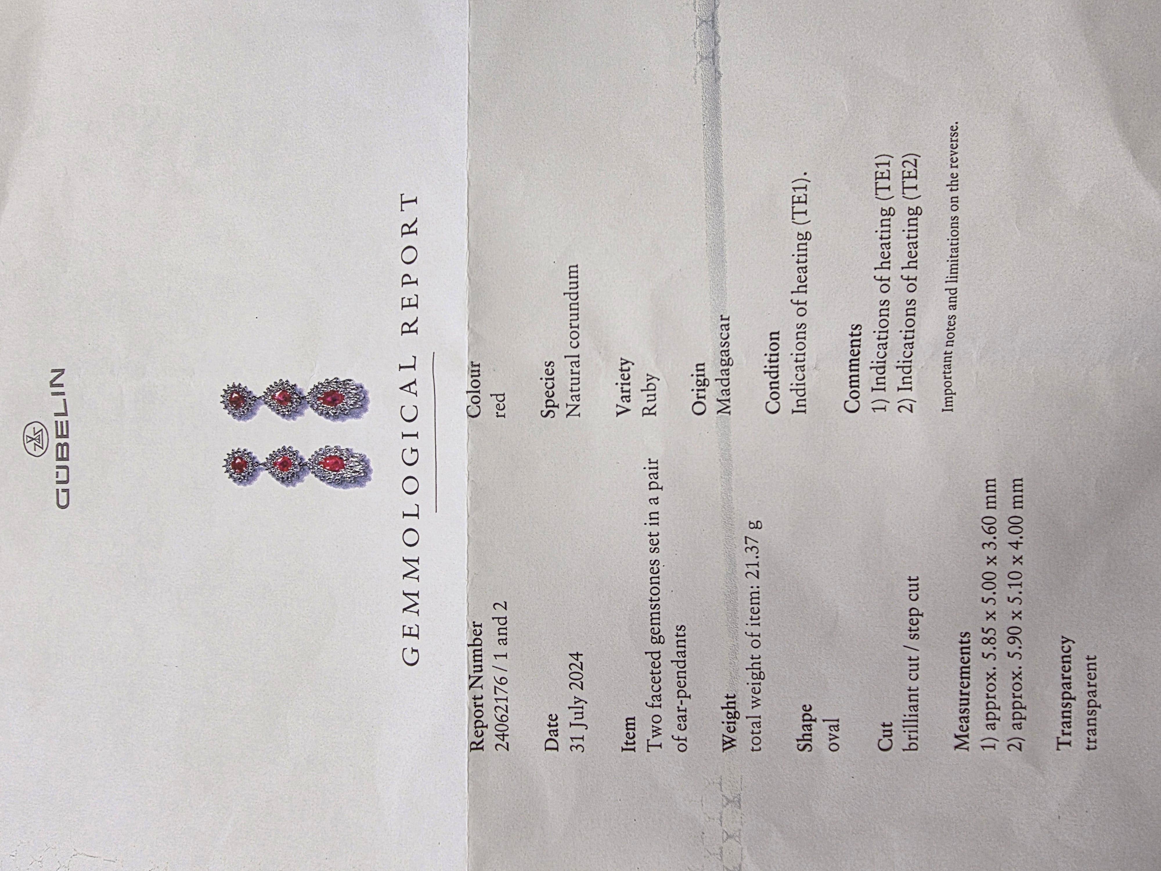 Donna Orecchini pendenti con diamanti e rubini da 7,50 carati certificati Gubelin in platino in vendita