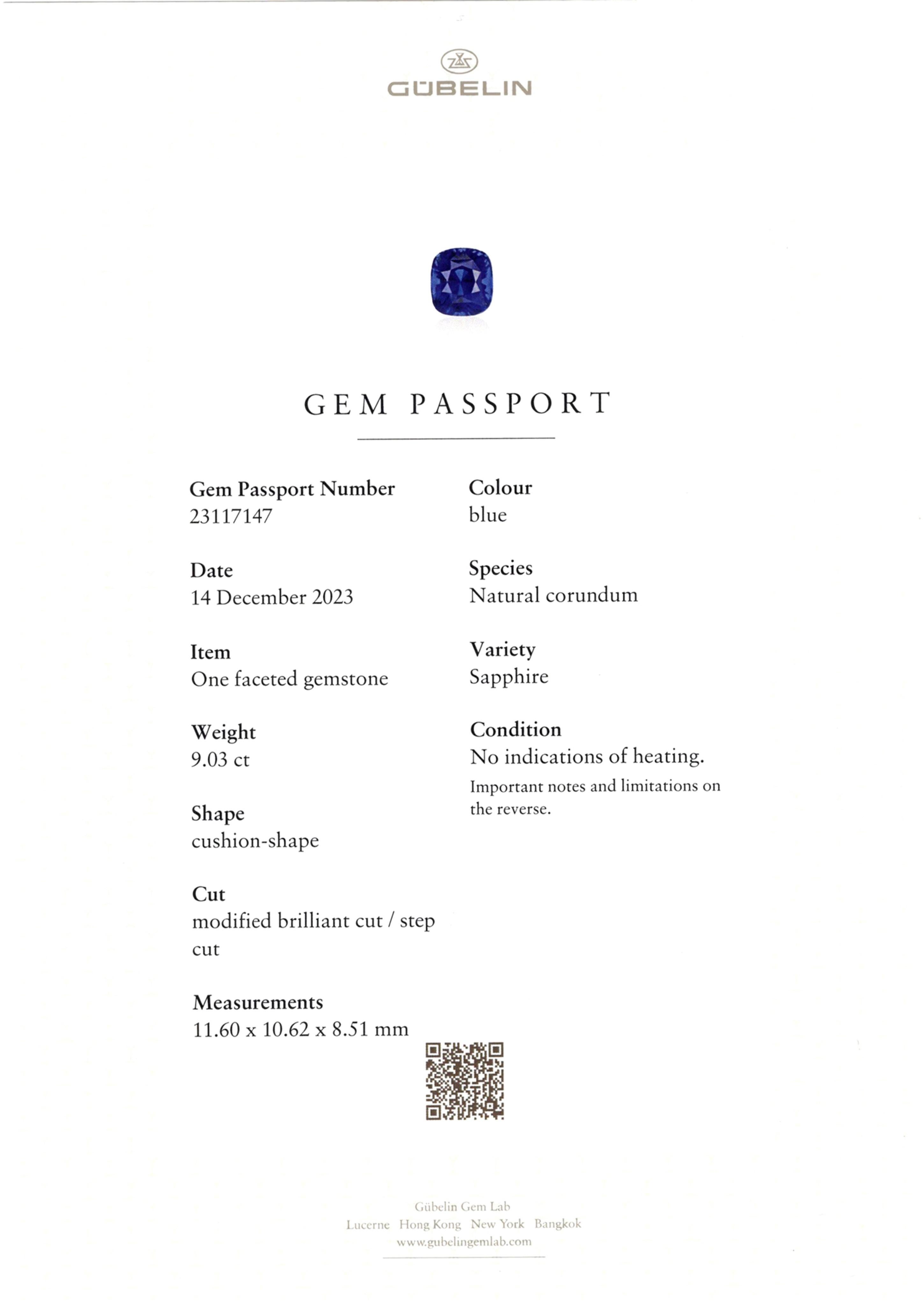 Emerald Cut GUBELIN Certified 9 Carat Blue Sapphire Diamond Ring For Sale