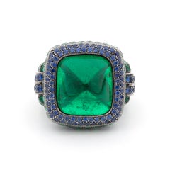 Gubelin Certified Boucheron 14.17 kt Colombian Sugarloaf Emerald & Sapphire Ring