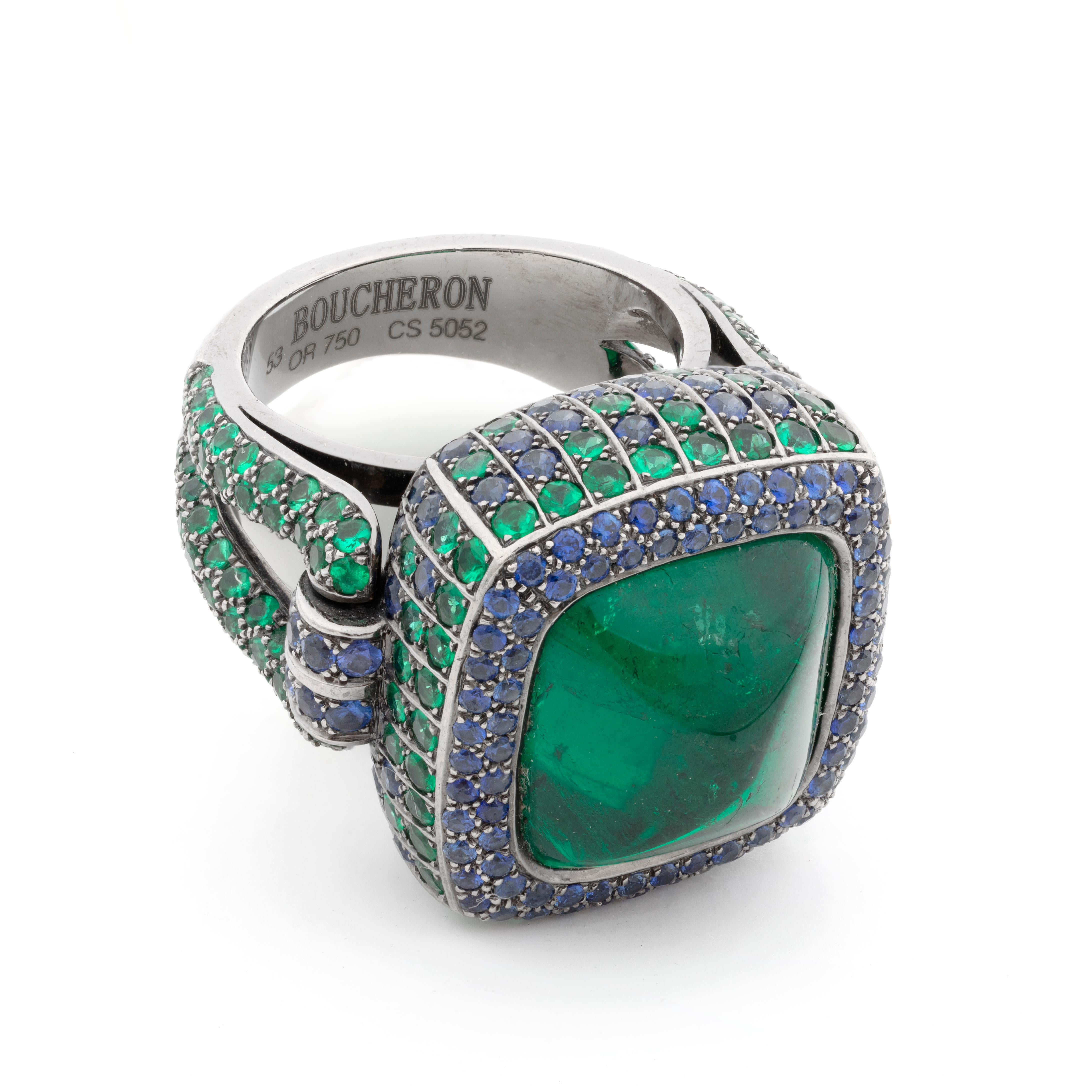 Women's Gubelin Certified Boucheron 14.17 kt Colombian Sugarloaf Emerald & Sapphire Ring