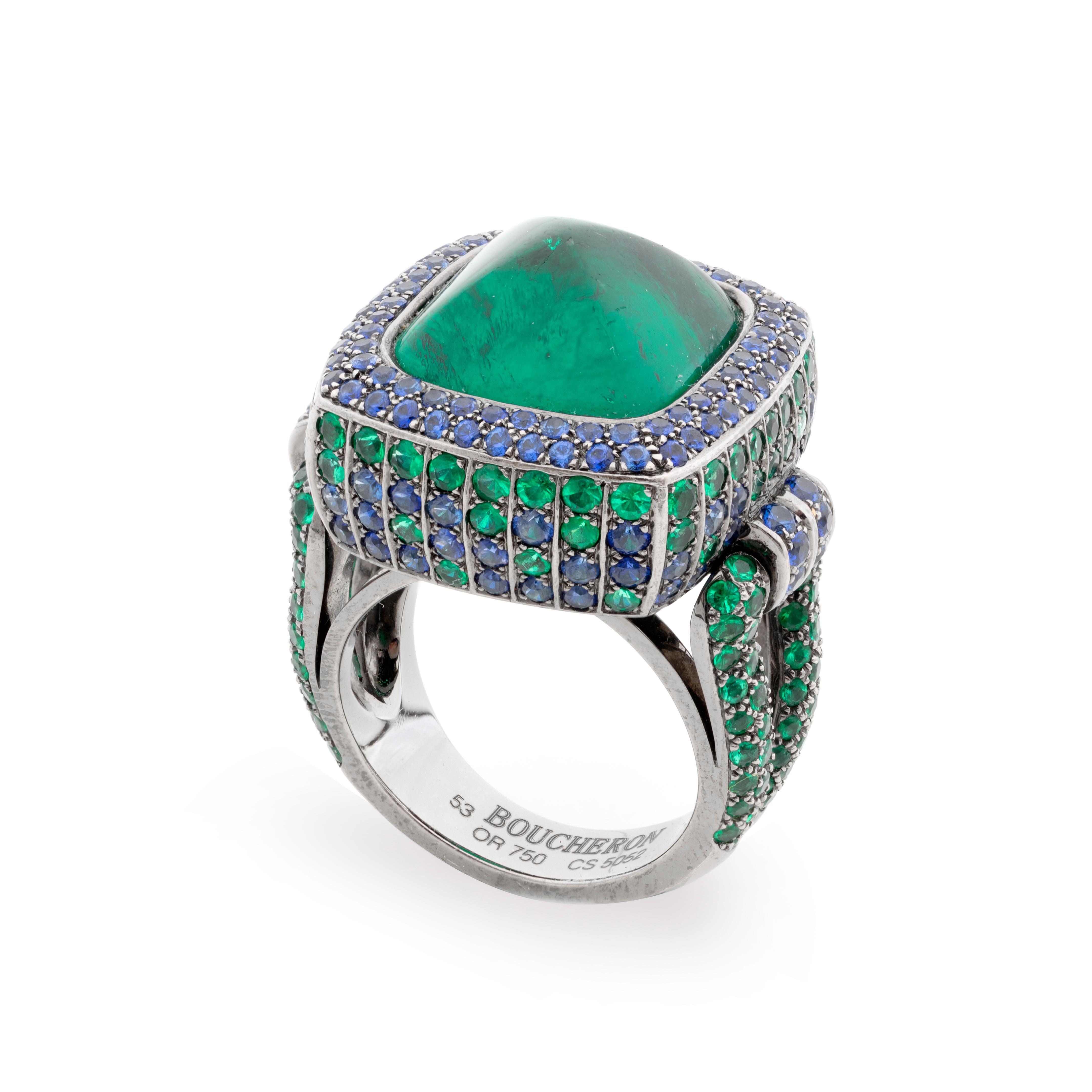 Gubelin Certified Boucheron 14.17 kt Colombian Sugarloaf Emerald & Sapphire Ring 1