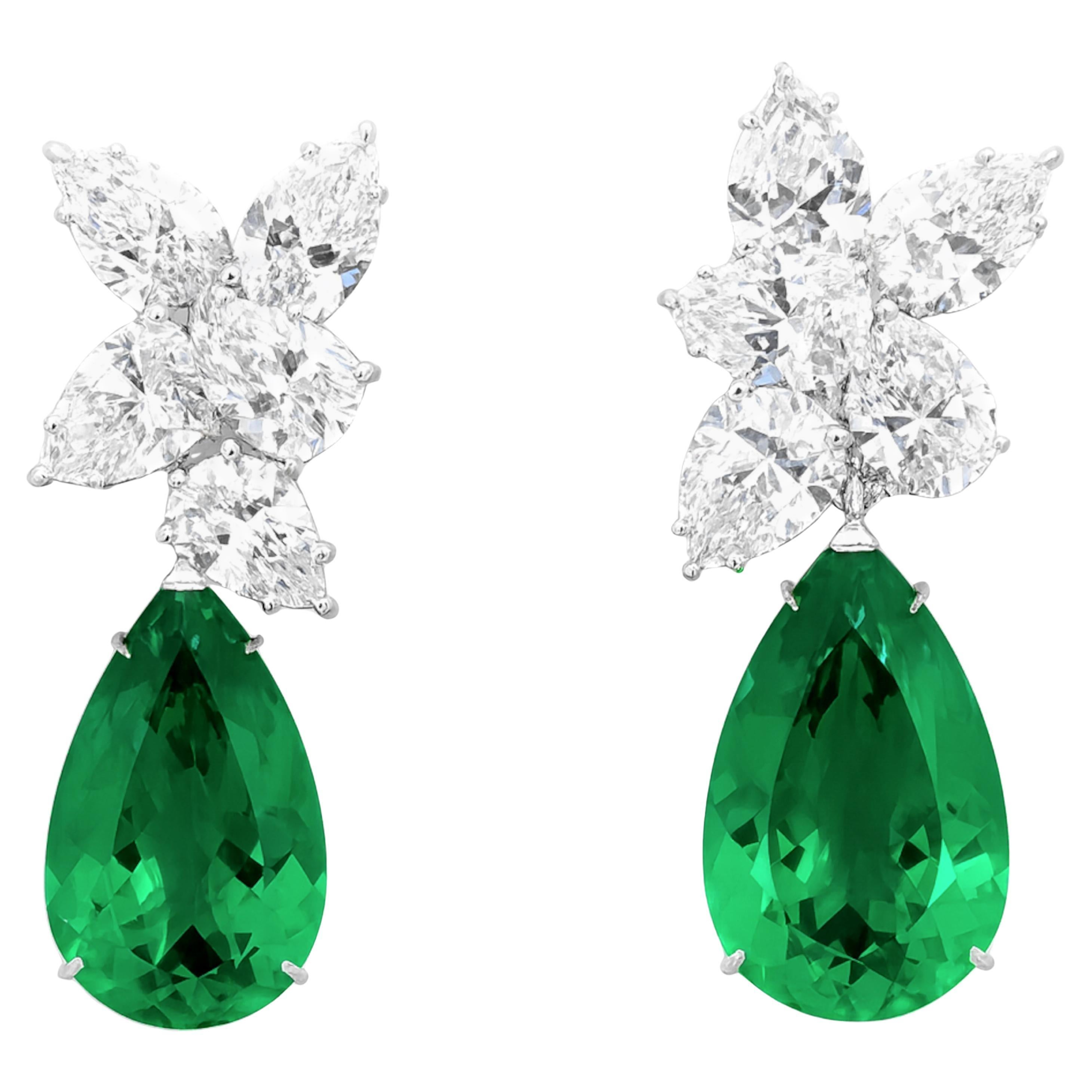 Gübelin Certified Colombian Emerald and Diamond Drop Earrings For Sale