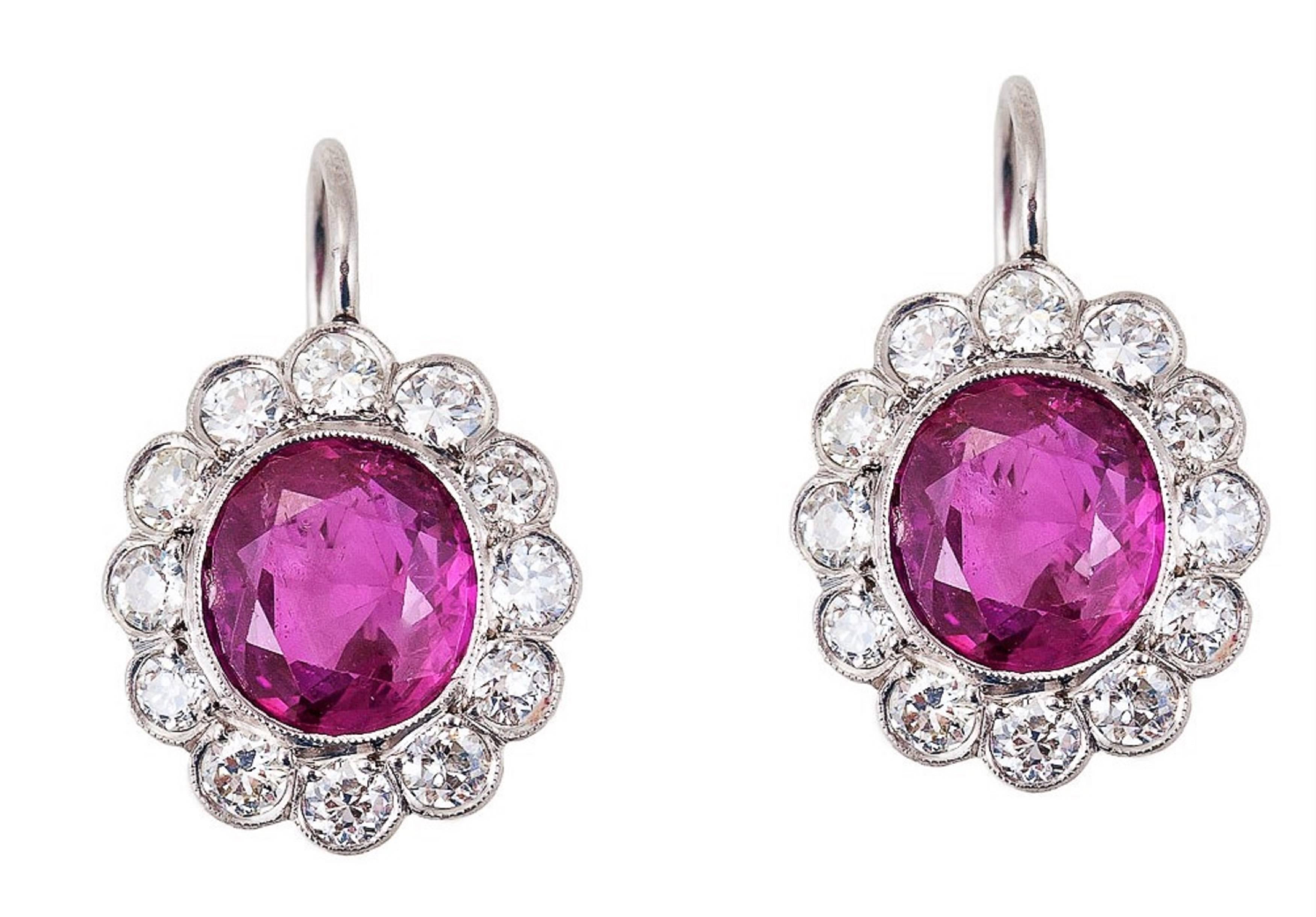 Gubelin Certified No-Heat 6.52 CT Burma Ruby Diamond Platinum Edwardian Earrings In Excellent Condition For Sale In Calabasas, CA