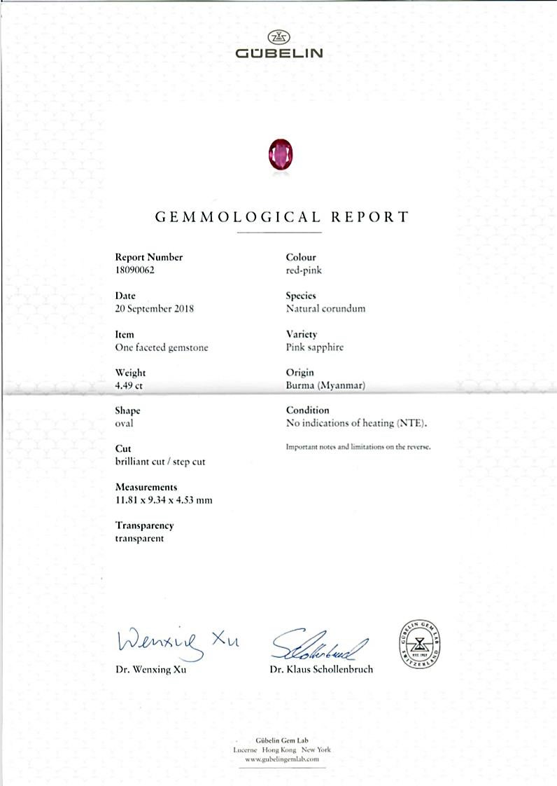 Women's Gubelin Certified Natural Burma/Myanmar Pink Sapphire 4.5 Carat and Diamond Ring