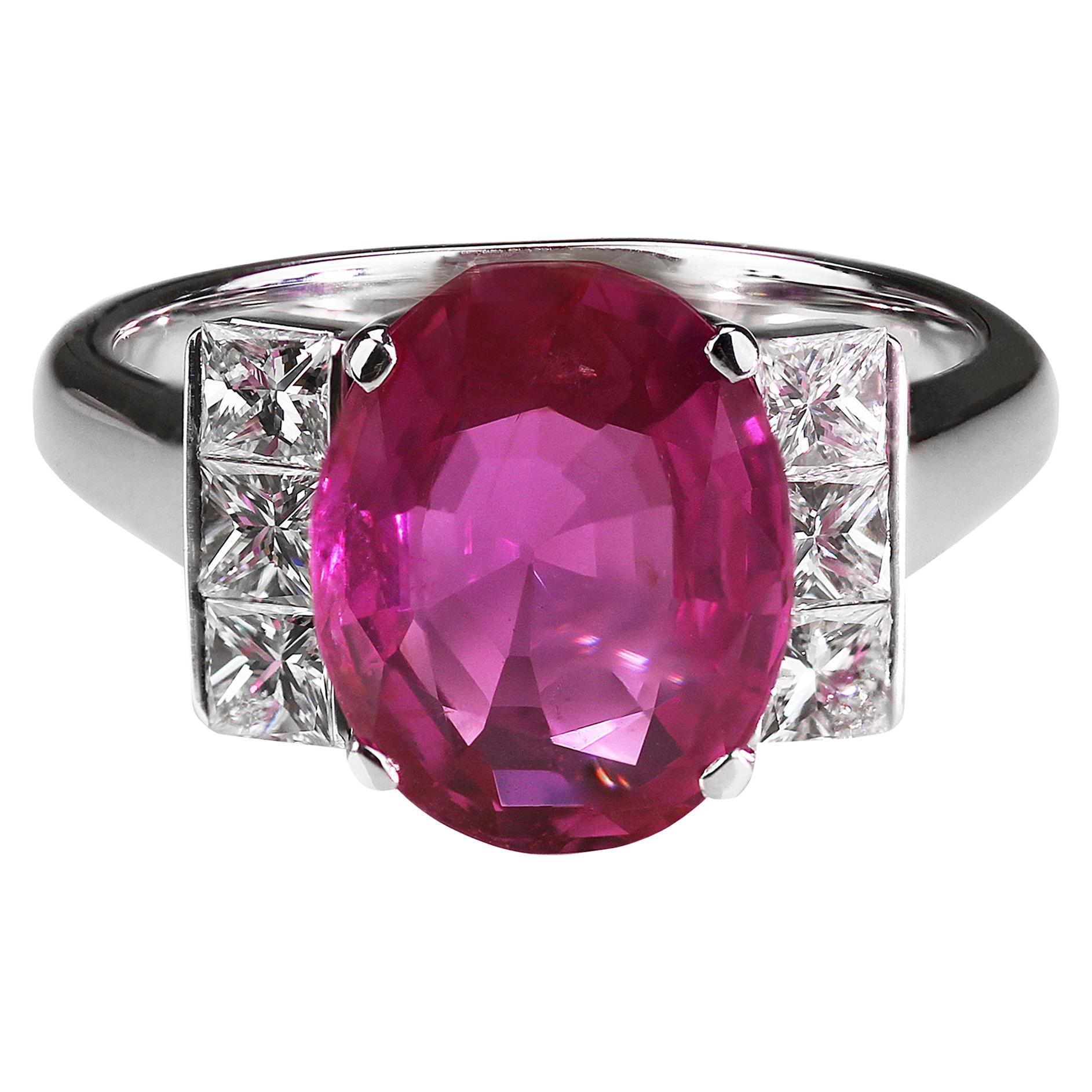Gubelin Certified Natural Burma/Myanmar Pink Sapphire 4.5 Carat and Diamond Ring