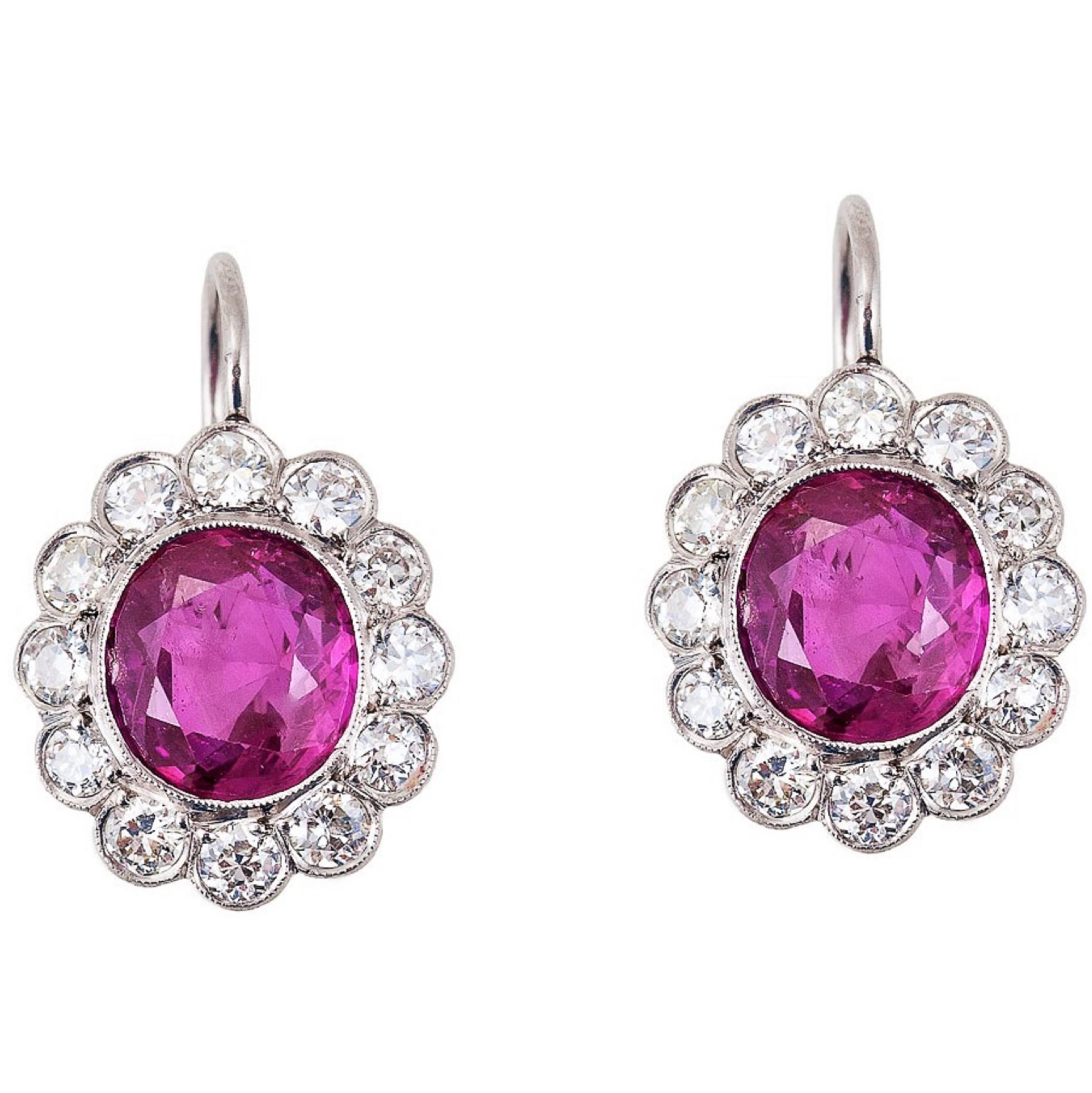 Gubelin Certified No-Heat 6.52 CT Burma Ruby Diamond Platinum Edwardian Earrings For Sale