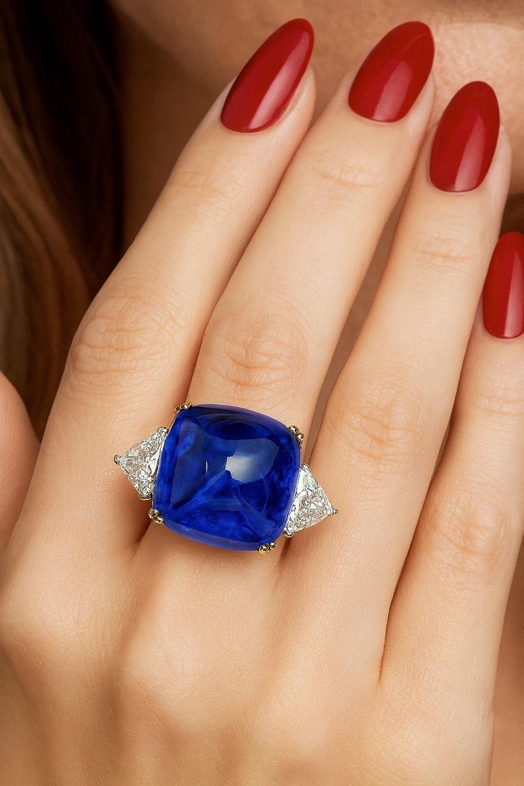 Gübelin Zertifizierter Sugarloaf Saphir und Diamant Platin Ring (Zeitgenössisch) im Angebot