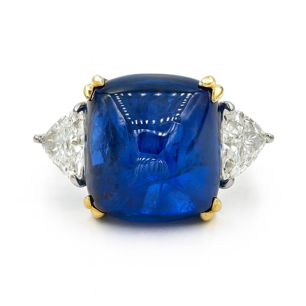 Gübelin Zertifizierter Sugarloaf Saphir und Diamant Platin Ring (Kegel-Cabochon) im Angebot