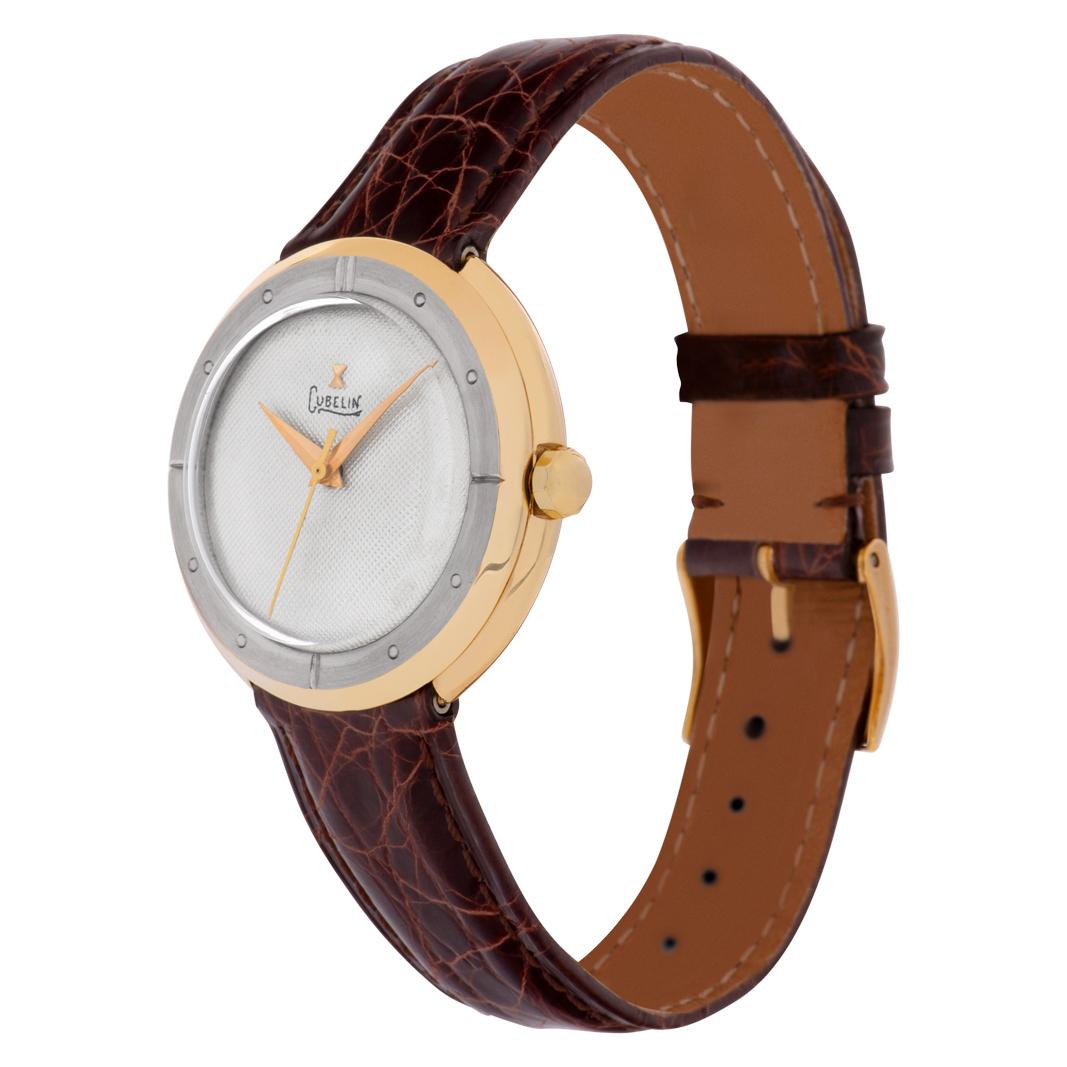 Gubelin Classic in 18k white & yellow gold on a brown crocodile strap. Circa 1960. Auto w/ sweep seconds. 37 mm case size. Ref 147488. Fine Pre-owned Gubelin Watch. Certified preowned Vintage Gubelin Classic watch is made out of yellow gold on a