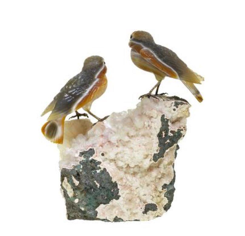 Contemporary Gübelin Couple of Sparrows Agate Calcite Sculpture For Sale