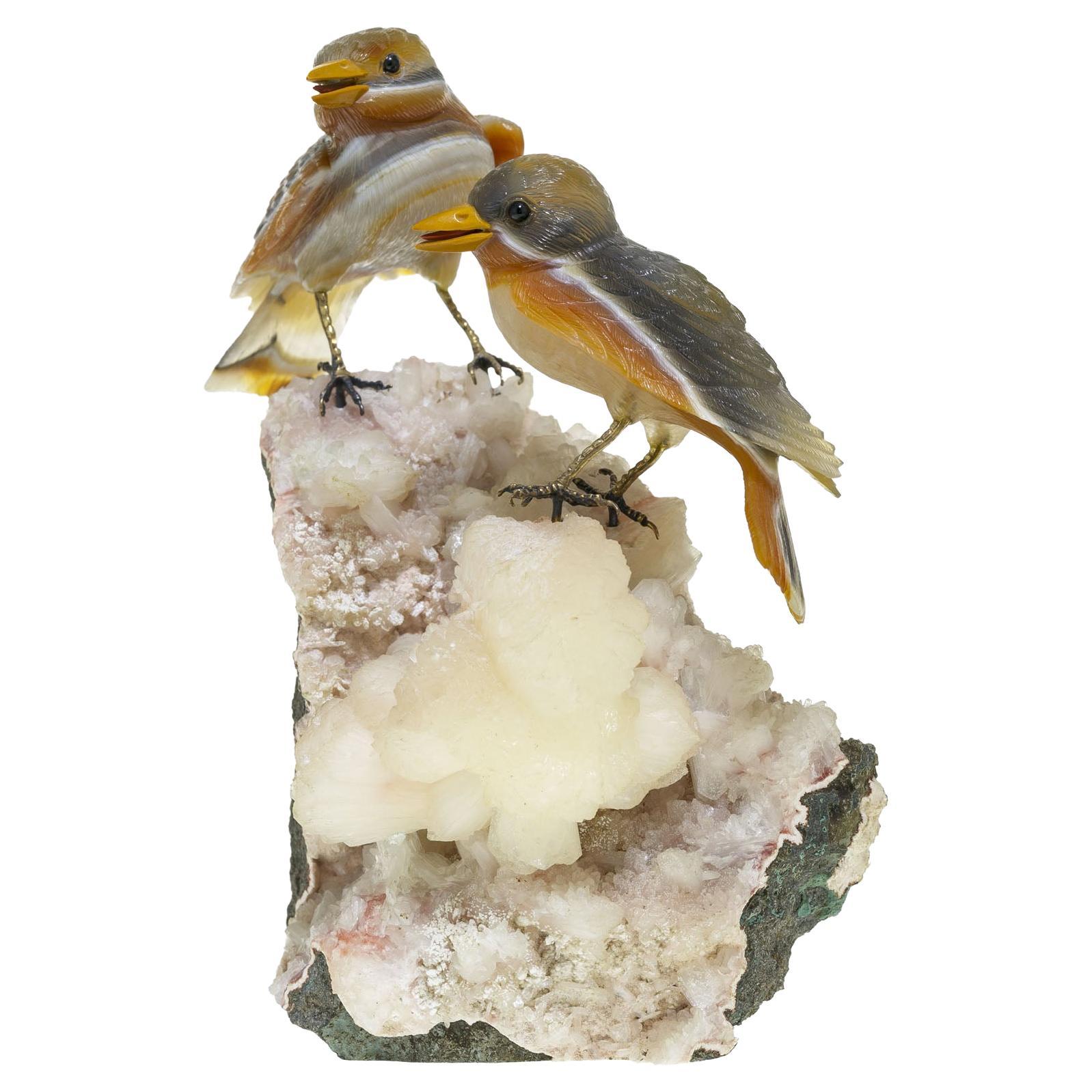 Gübelin Couple of Sparrows Agate Calcite Sculpture For Sale