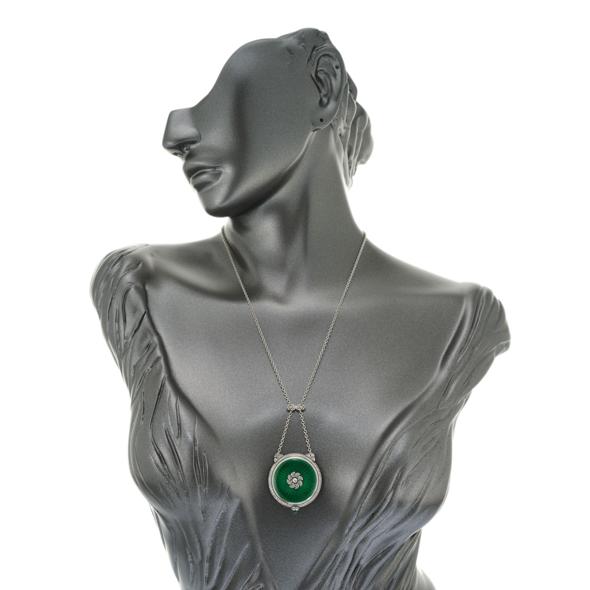 Gubelin Diamond Enamel Platinum Gold Pendant Watch Necklace 2