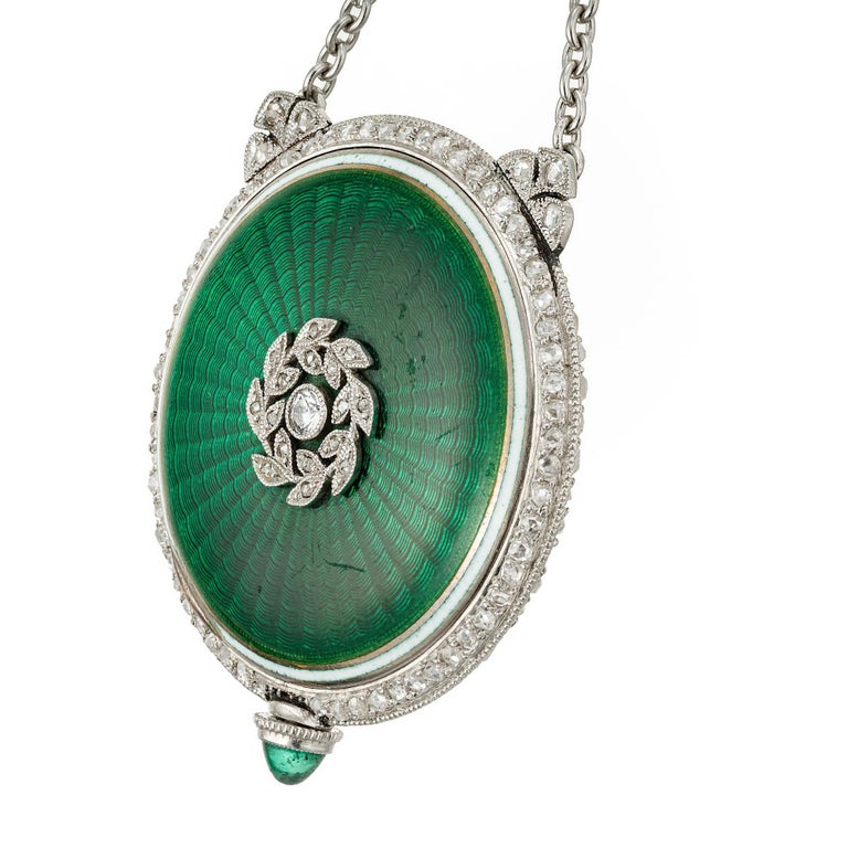 Gubelin Diamond Enamel Platinum Gold Pendant Watch Necklace In Good Condition In Stamford, CT