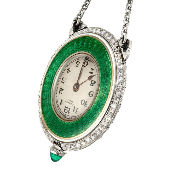 Women's Gubelin Diamond Enamel Platinum Gold Pendant Watch Necklace