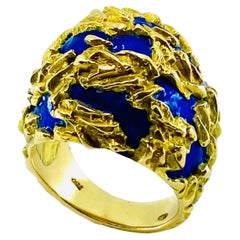 Retro Gubelin Dome Gold Ring Blue Enamel 18k