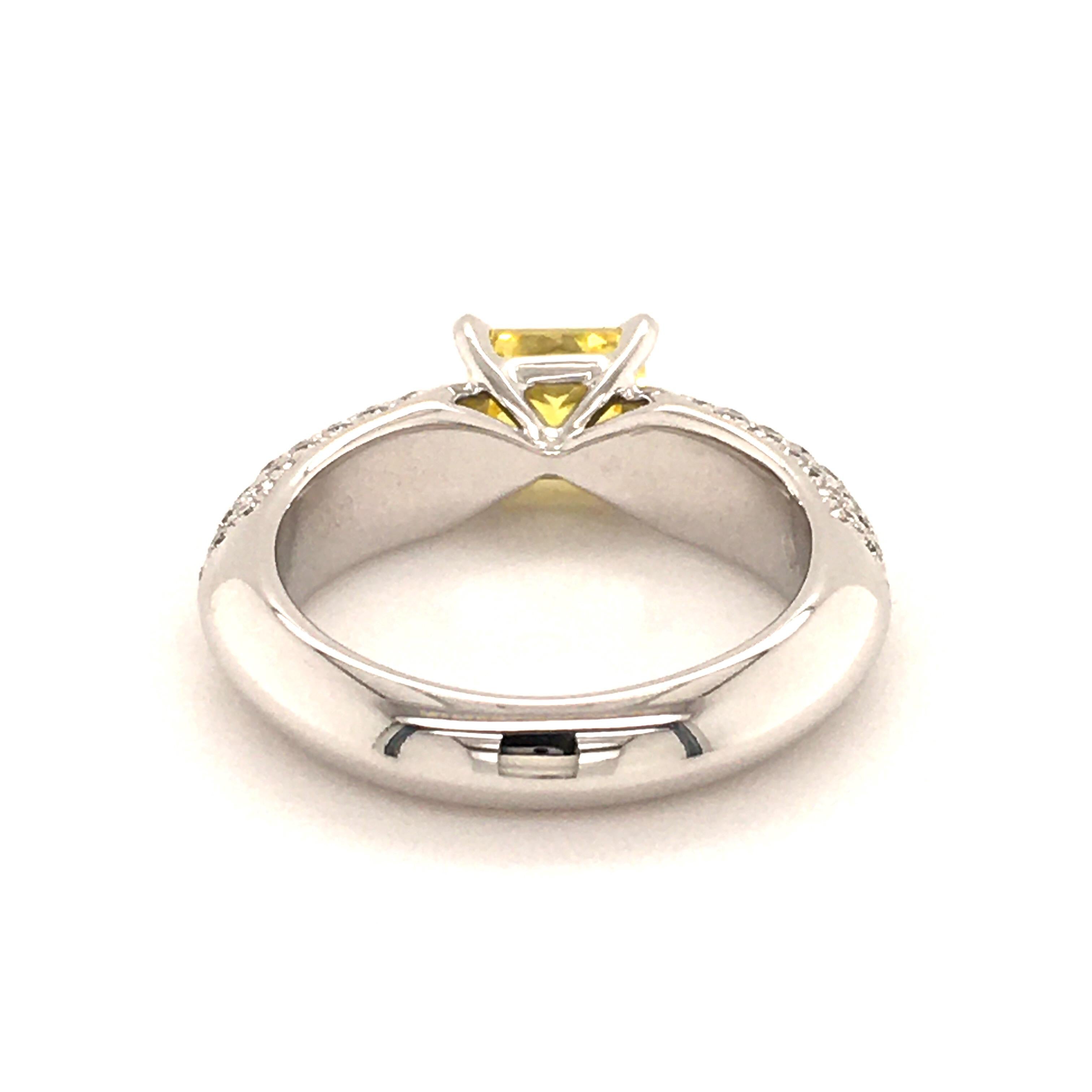 Radiant Cut Gubelin Fancy Vivid Yellow Diamond White Gold Ring For Sale